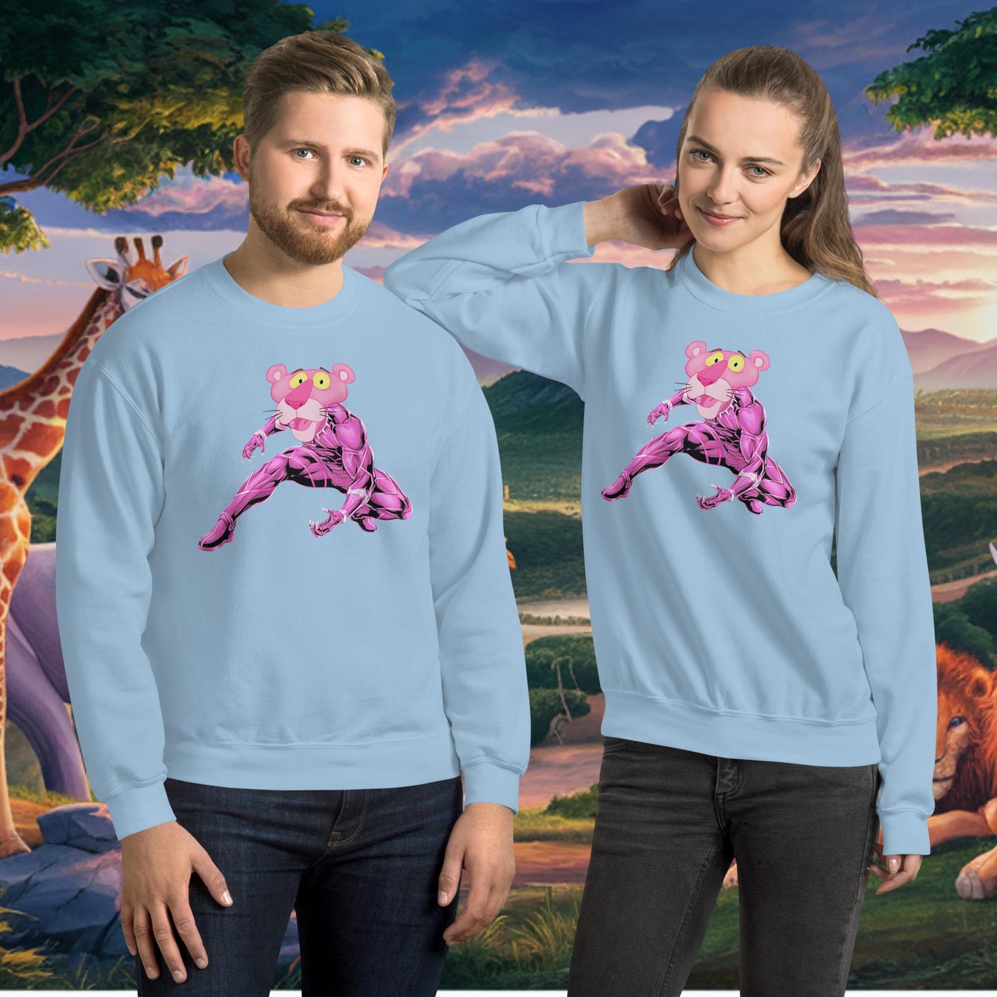 Pink Panther x Black Panther Unisex Sweatshirt Light Blue Sweatshirts Black Panther Movies Pink Panther Superheroes TV Shows Next Cult Brand