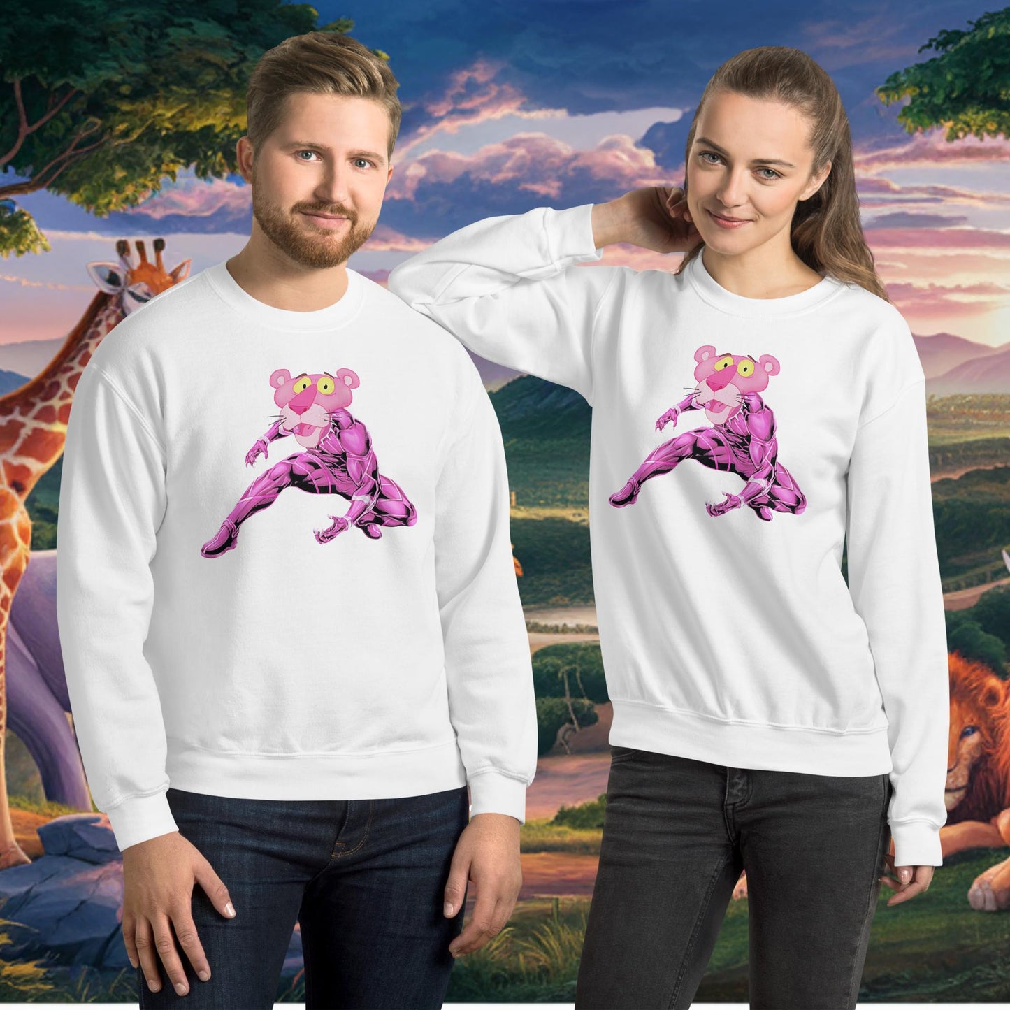Pink Panther x Black Panther Unisex Sweatshirt White Sweatshirts Black Panther Movies Pink Panther Superheroes TV Shows Next Cult Brand