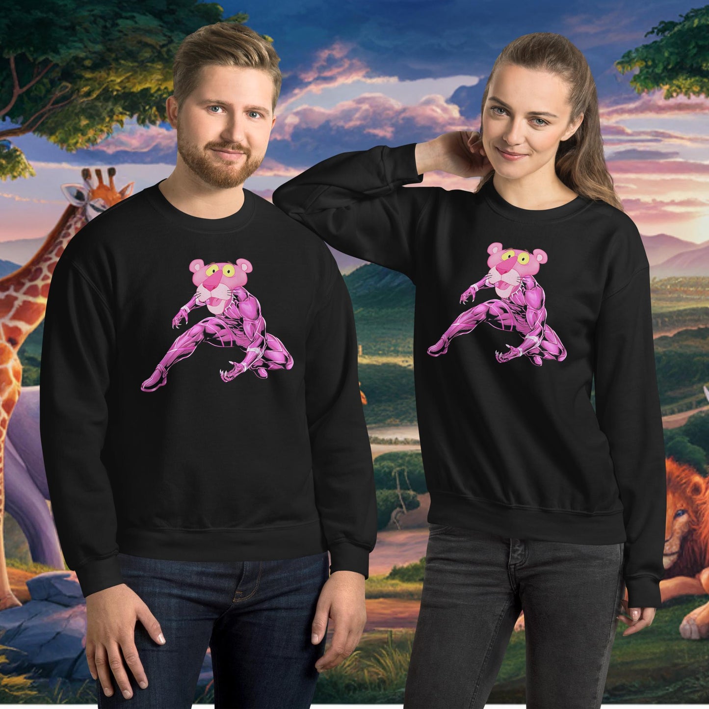 Pink Panther x Black Panther Unisex Sweatshirt Black Sweatshirts Black Panther Movies Pink Panther Superheroes TV Shows Next Cult Brand