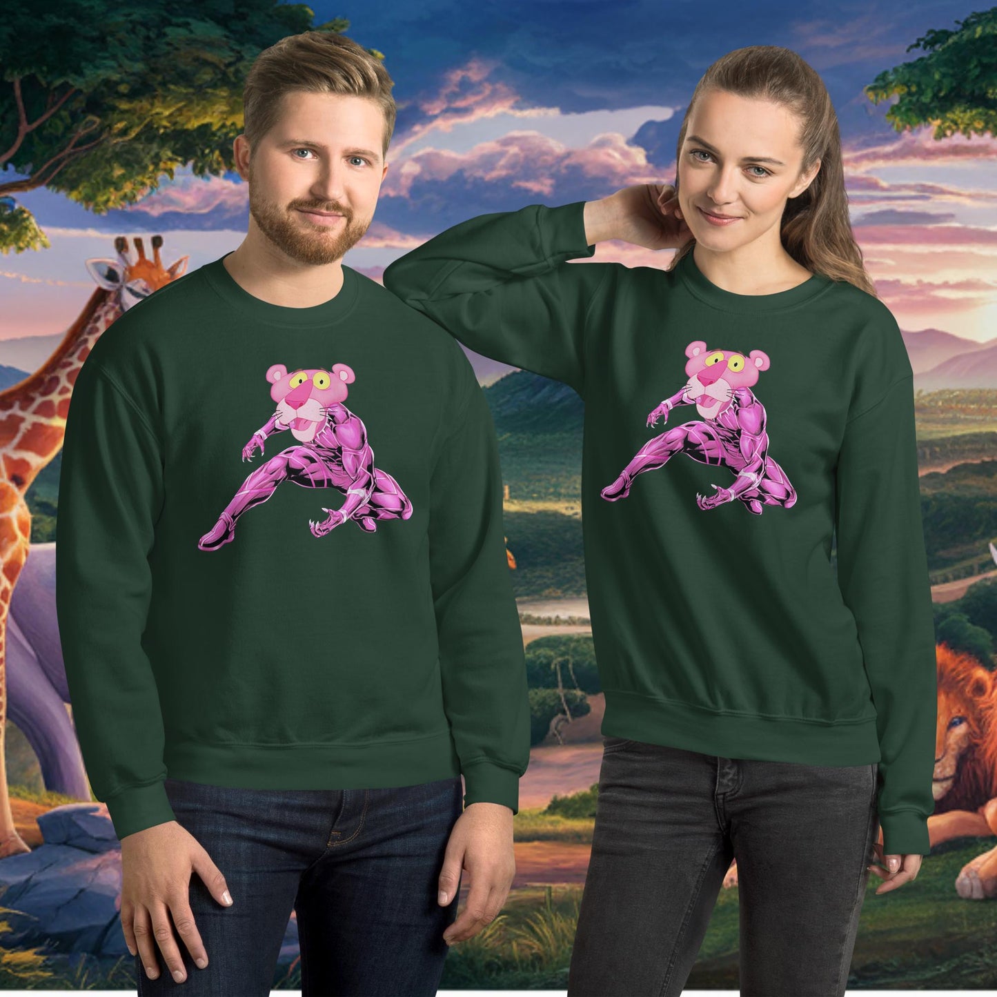 Pink Panther x Black Panther Unisex Sweatshirt Forest Green Sweatshirts Black Panther Movies Pink Panther Superheroes TV Shows Next Cult Brand