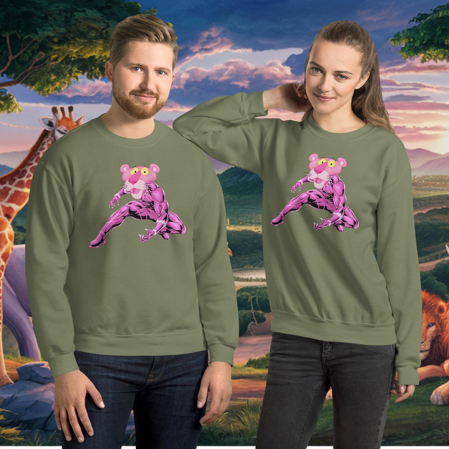Pink Panther x Black Panther Unisex Sweatshirt Military Green Sweatshirts Black Panther Movies Pink Panther Superheroes TV Shows Next Cult Brand