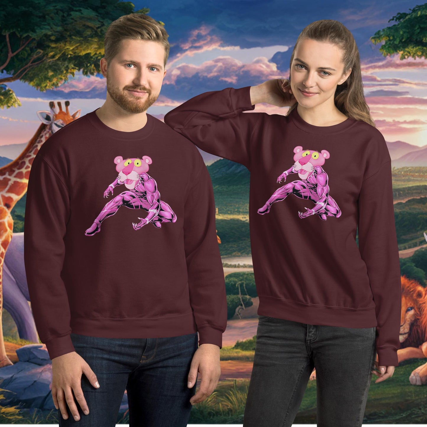 Pink Panther x Black Panther Unisex Sweatshirt Maroon Sweatshirts Black Panther Movies Pink Panther Superheroes TV Shows Next Cult Brand