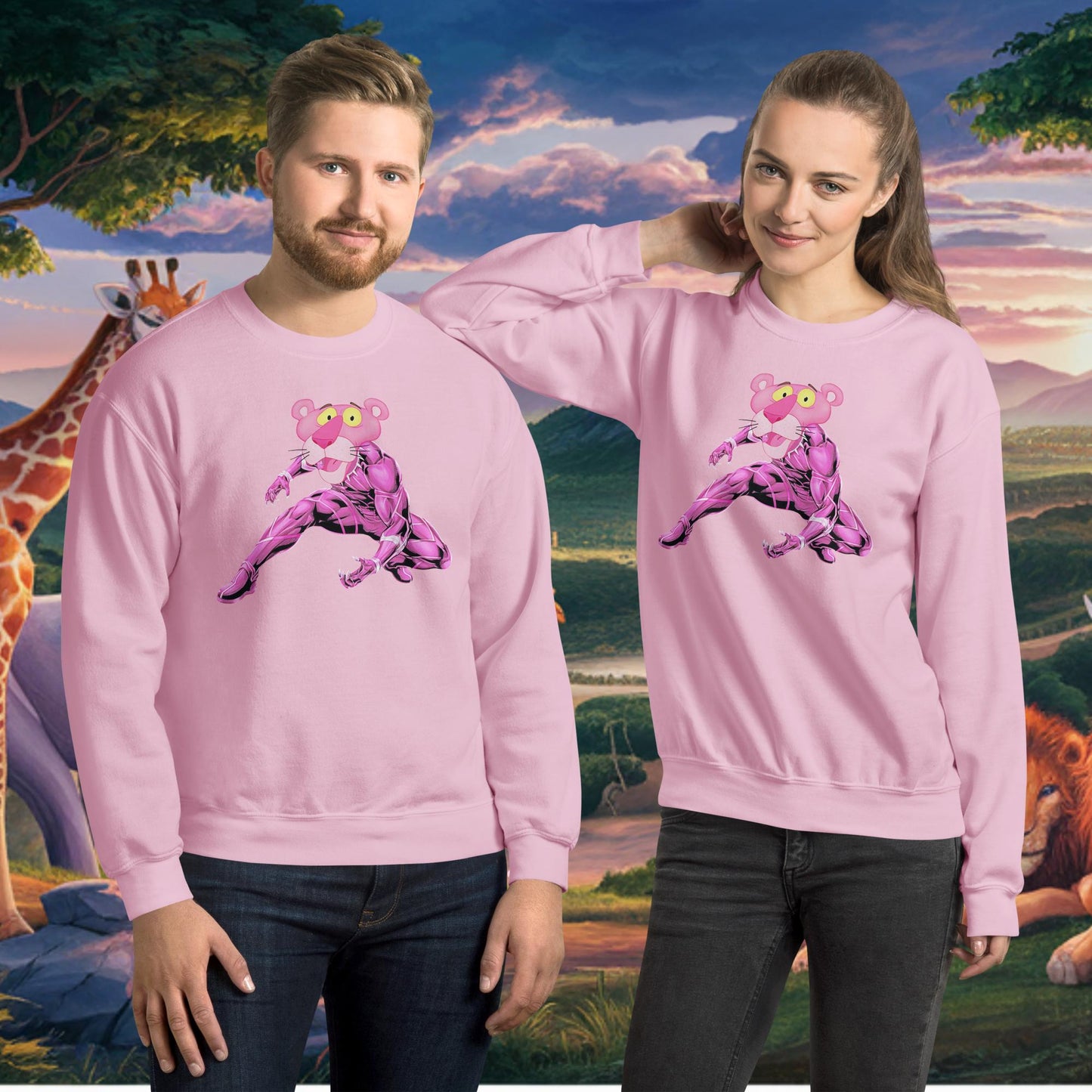 Pink Panther x Black Panther Unisex Sweatshirt Light Pink Sweatshirts Avengers Black Panther Movies Pink Panther Superheroes TV Shows Next Cult Brand