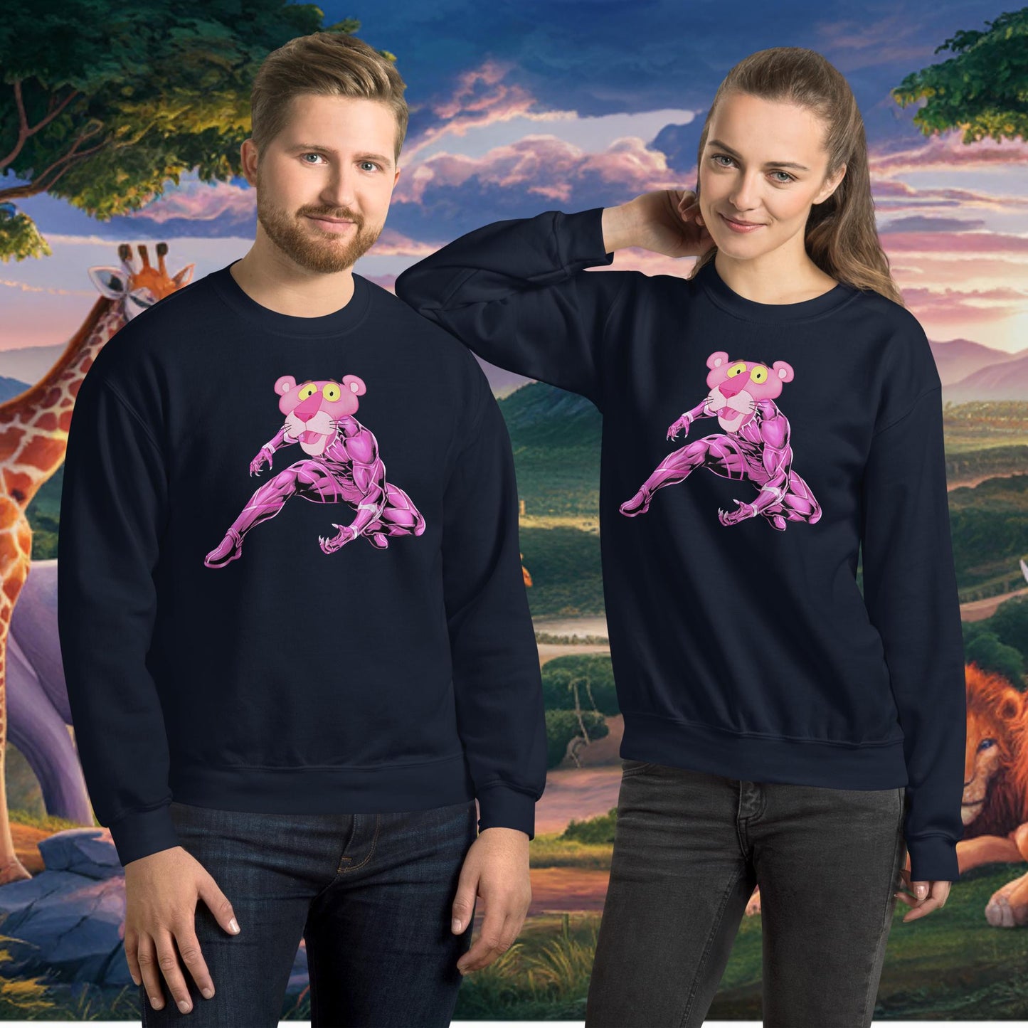Pink Panther x Black Panther Unisex Sweatshirt Navy Sweatshirts Black Panther Movies Pink Panther Superheroes TV Shows Next Cult Brand