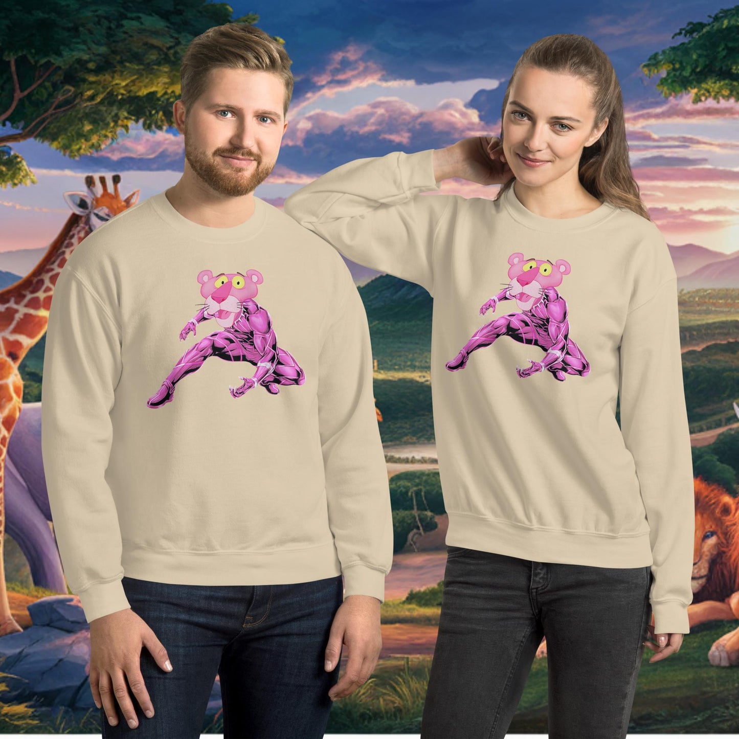 Pink Panther x Black Panther Unisex Sweatshirt Sand Sweatshirts Black Panther Movies Pink Panther Superheroes TV Shows Next Cult Brand