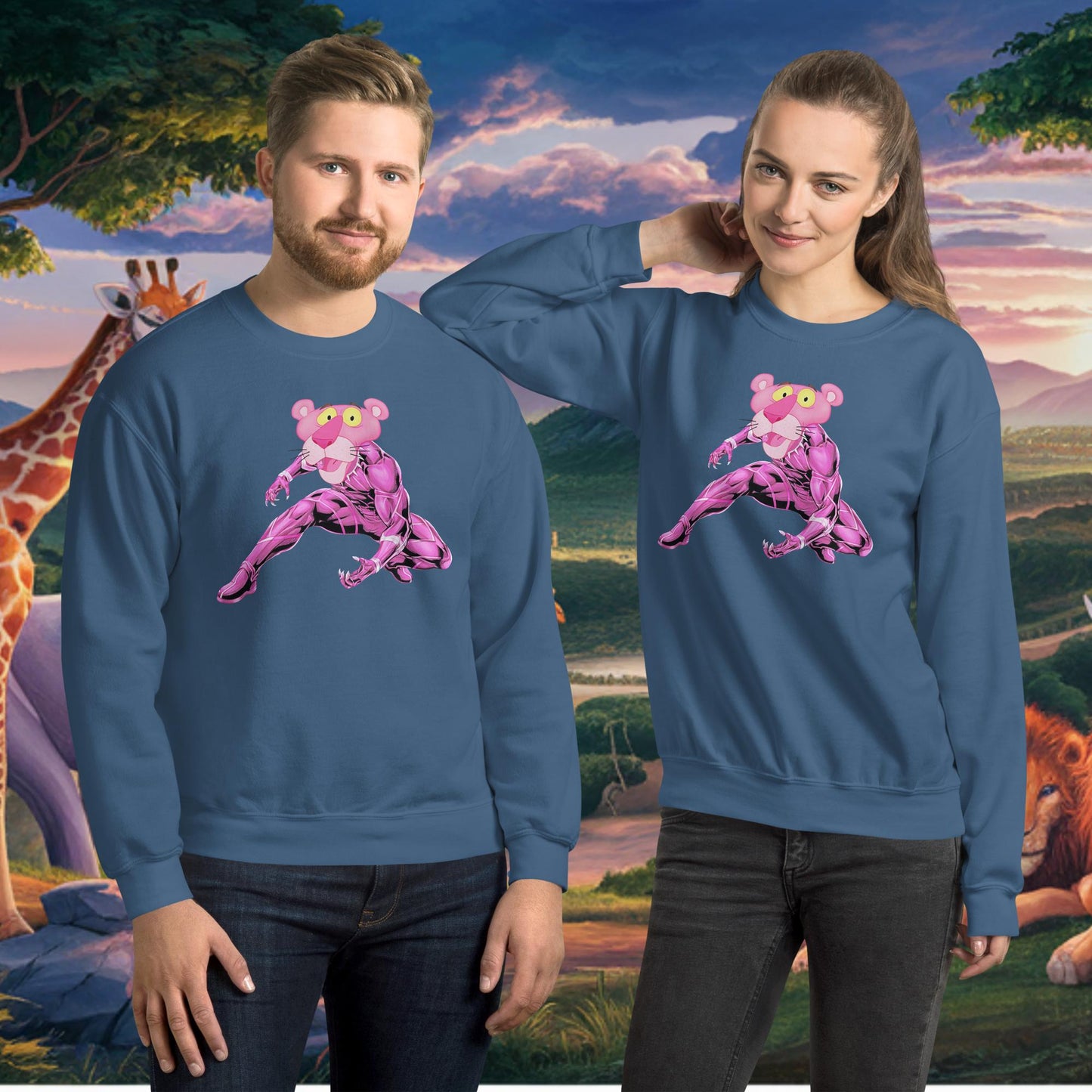 Pink Panther x Black Panther Unisex Sweatshirt Indigo Blue Sweatshirts Black Panther Movies Pink Panther Superheroes TV Shows Next Cult Brand