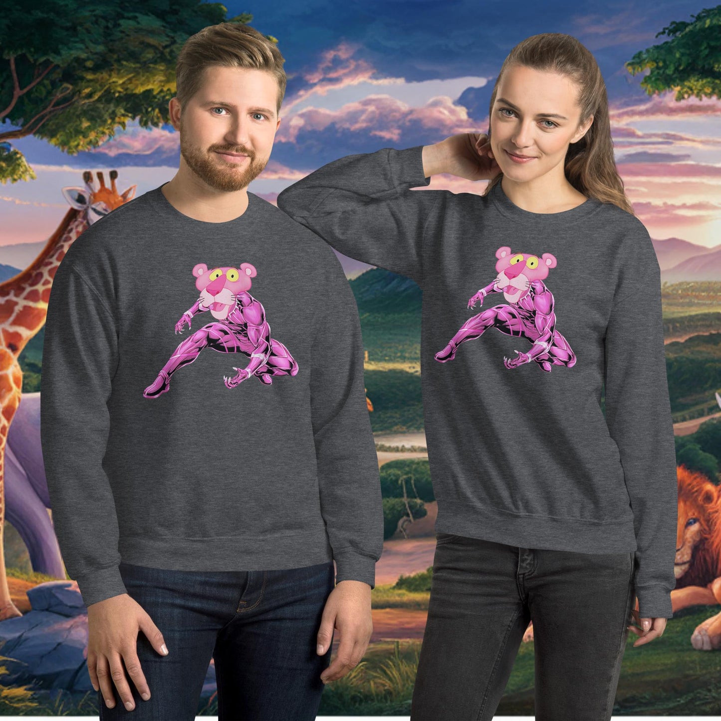 Pink Panther x Black Panther Unisex Sweatshirt Dark Heather Sweatshirts Black Panther Movies Pink Panther Superheroes TV Shows Next Cult Brand