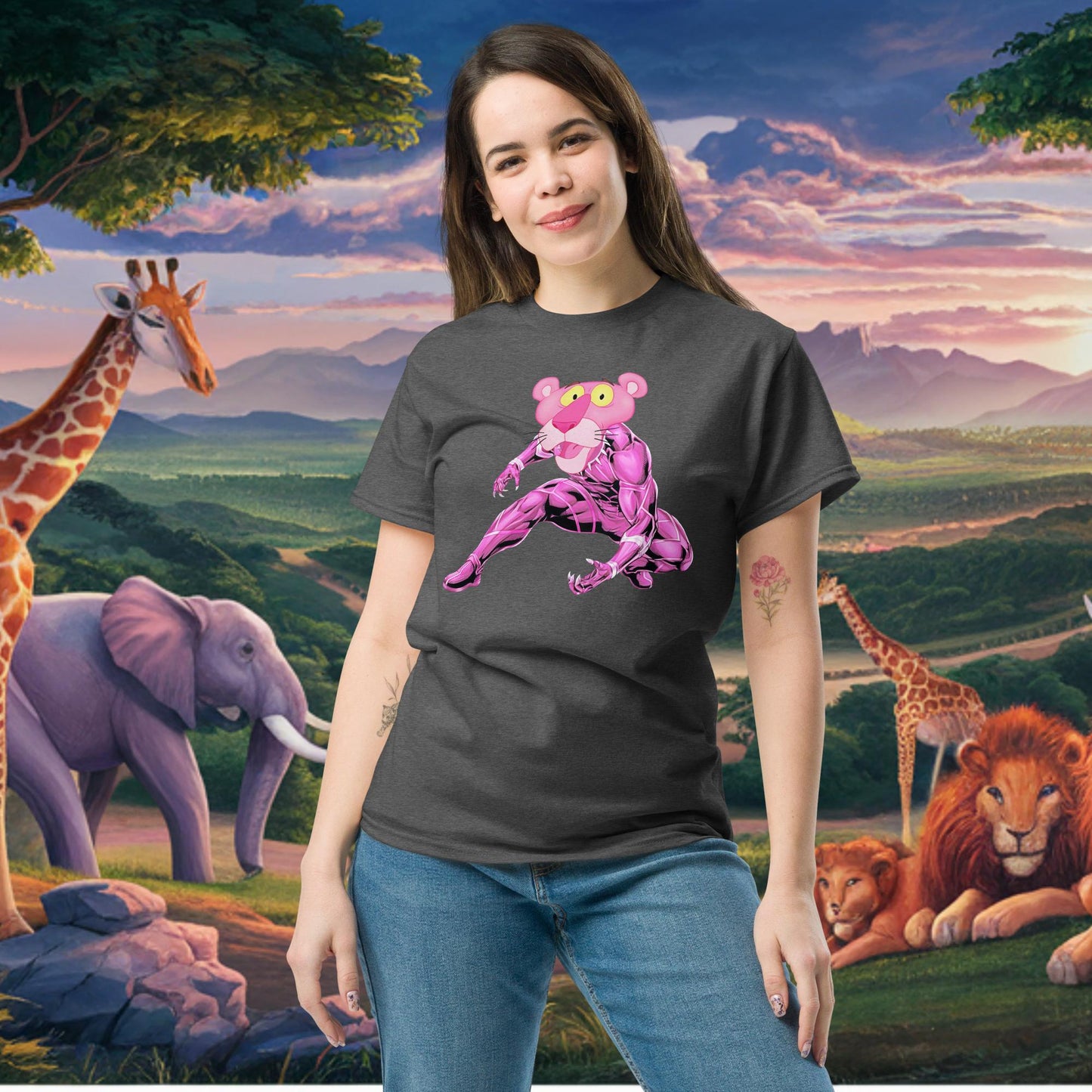 Pink Panther x Black Panther tee Dark Heather T-shirts Black Panther Movies Pink Panther Superheroes TV Shows Next Cult Brand