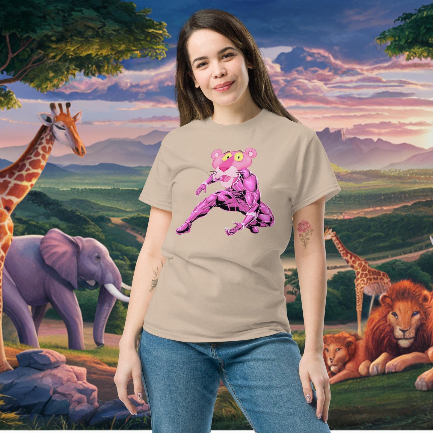 Pink Panther x Black Panther tee Sand T-shirts Black Panther Movies Pink Panther Superheroes TV Shows Next Cult Brand