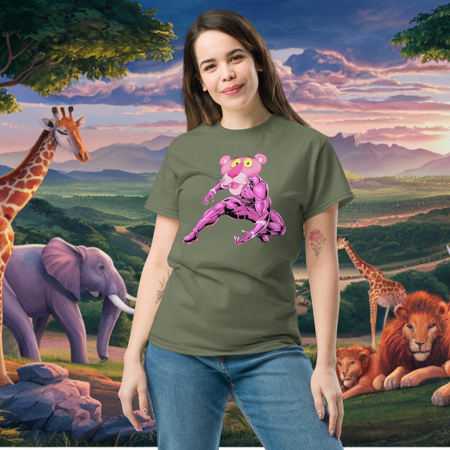 Pink Panther x Black Panther tee Military Green T-shirts Avengers Black Panther Movies Pink Panther Superheroes TV Shows Next Cult Brand