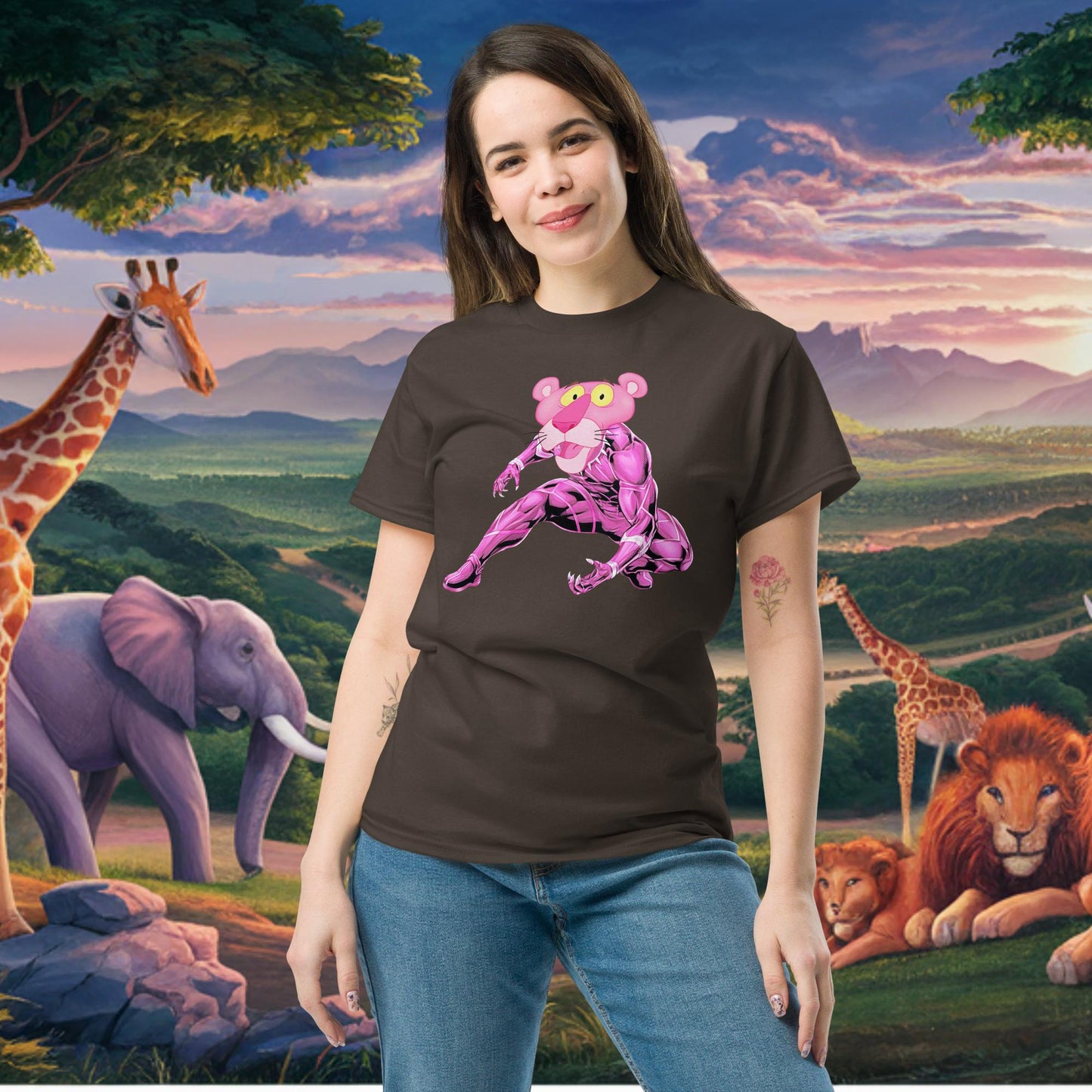 Pink Panther x Black Panther tee Dark Chocolate T-shirts Avengers Black Panther Movies Pink Panther Superheroes TV Shows Next Cult Brand