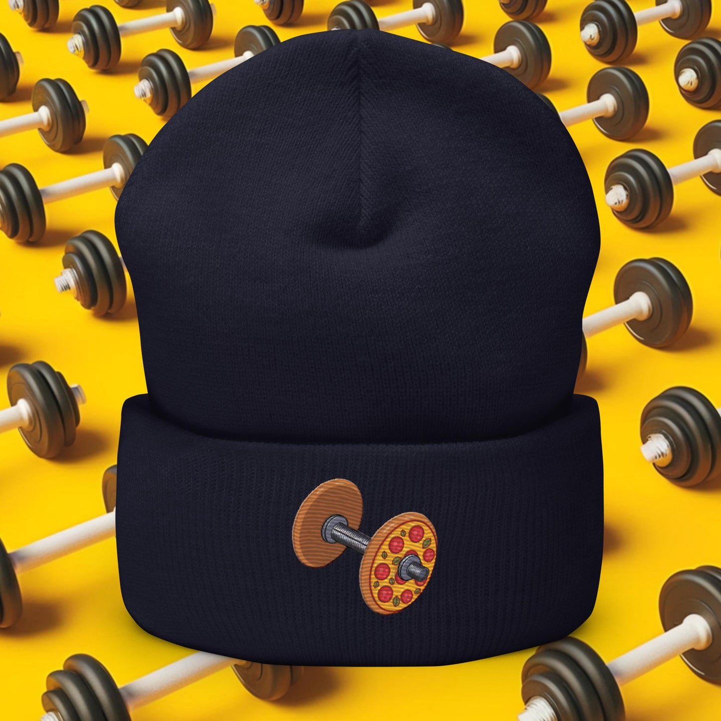 Pizza Dumbbell Barbell Funny Bulk Diet Gym Workout Fitness Weight Lifting Bodybuilding Cuffed Beanie Navy Hats Bulking Fast Food Pizza Next Cult Brand