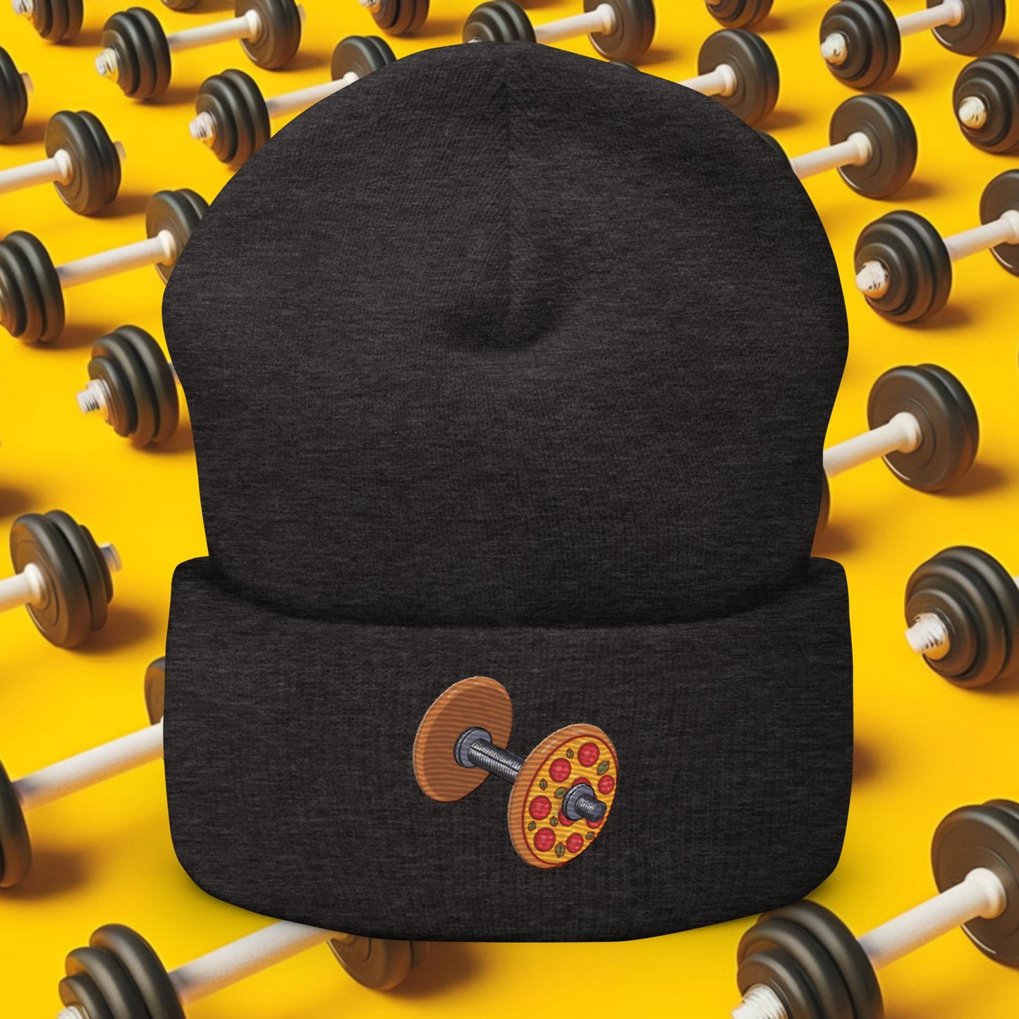 Pizza Dumbbell Barbell Funny Bulk Diet Gym Workout Fitness Weight Lifting Bodybuilding Cuffed Beanie Dark Grey Hats Bodybuilding Bulking Fast Food Fitness Gym Pizza Workout Next Cult Brand