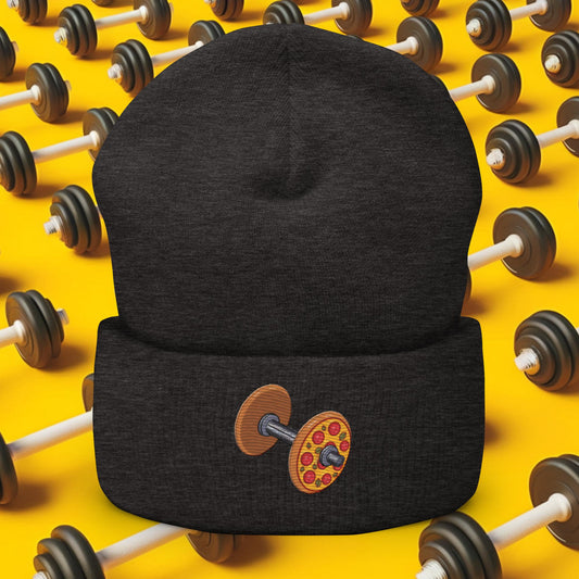Pizza Dumbbell Barbell Funny Bulk Diet Gym Workout Fitness Weight Lifting Bodybuilding Cuffed Beanie Dark Grey Hats Bulking Fast Food Pizza Next Cult Brand