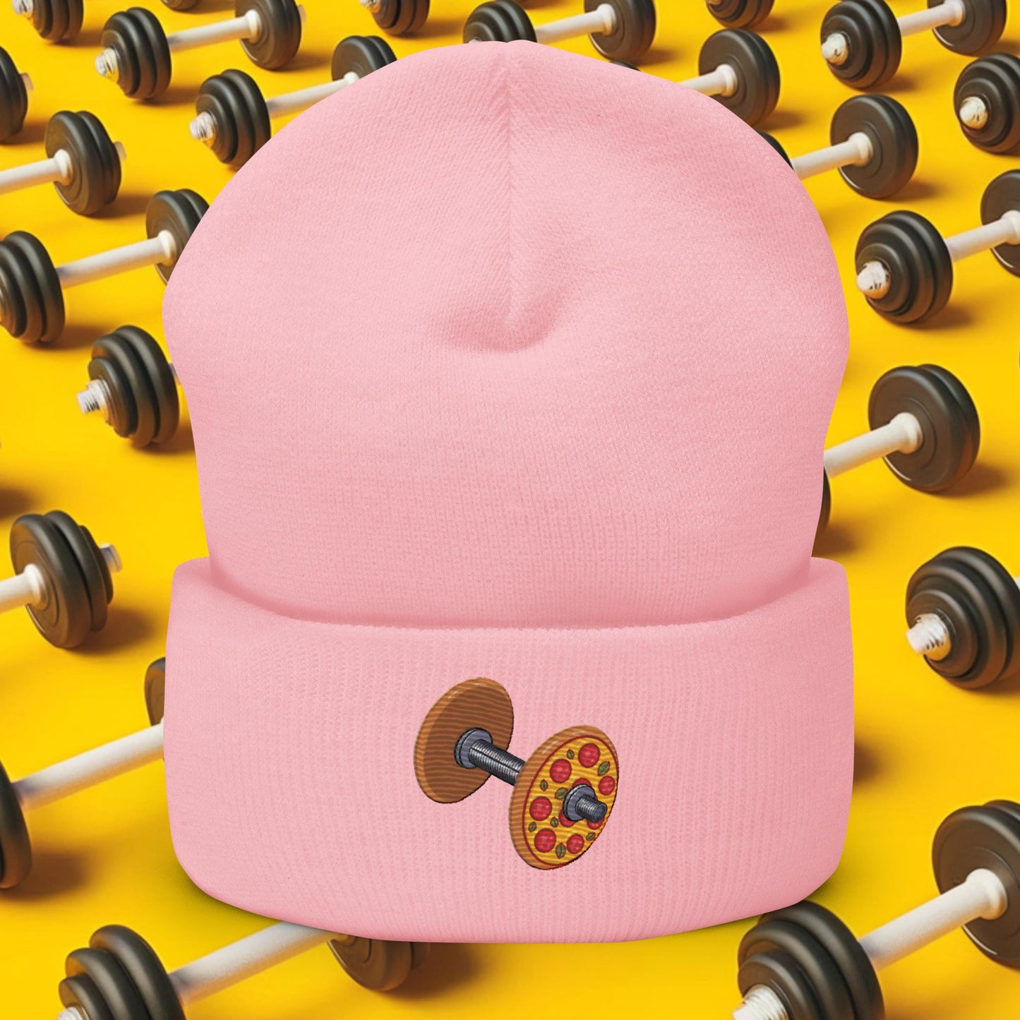 Pizza Dumbbell Barbell Funny Bulk Diet Gym Workout Fitness Weight Lifting Bodybuilding Cuffed Beanie Baby Pink Hats Bodybuilding Bulking Fast Food Fitness Gym Pizza Workout Next Cult Brand