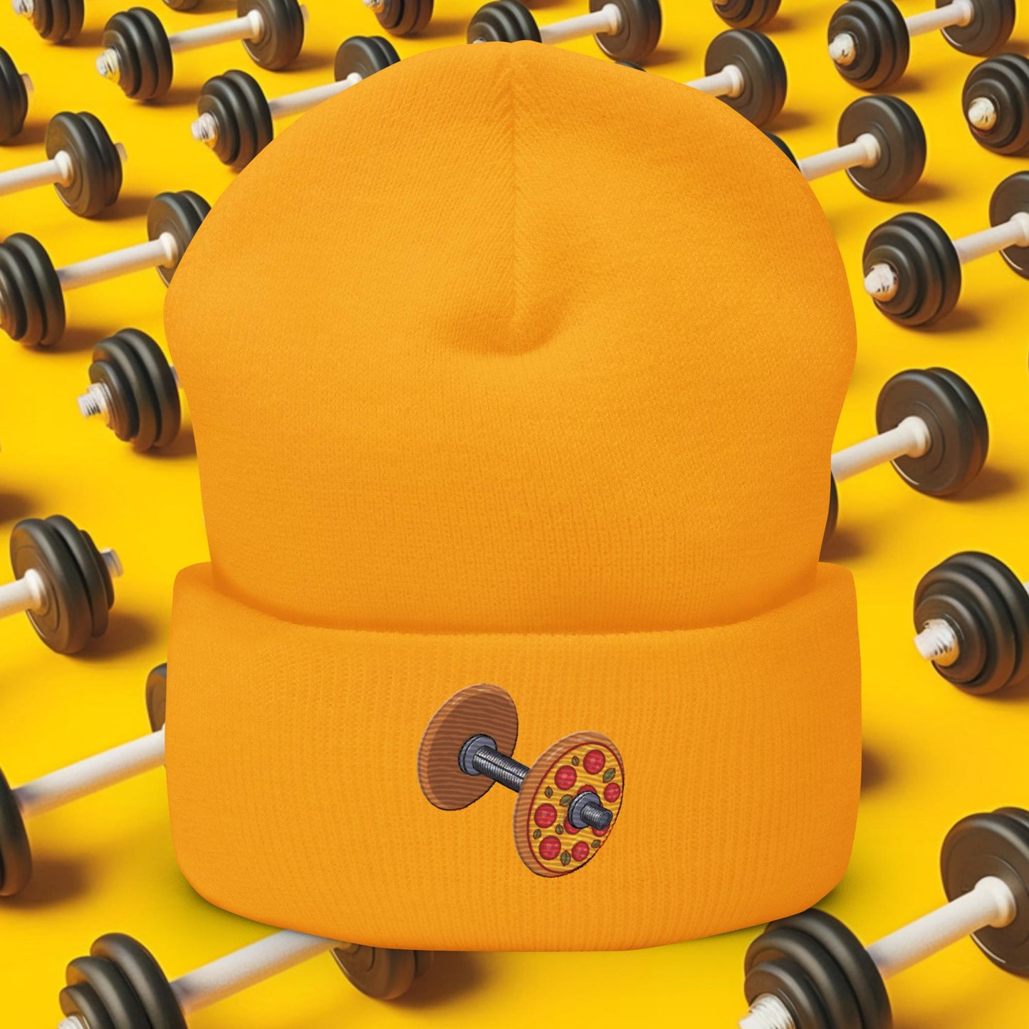 Pizza Dumbbell Barbell Funny Bulk Diet Gym Workout Fitness Weight Lifting Bodybuilding Cuffed Beanie Gold Hats Bulking Fast Food Pizza Next Cult Brand