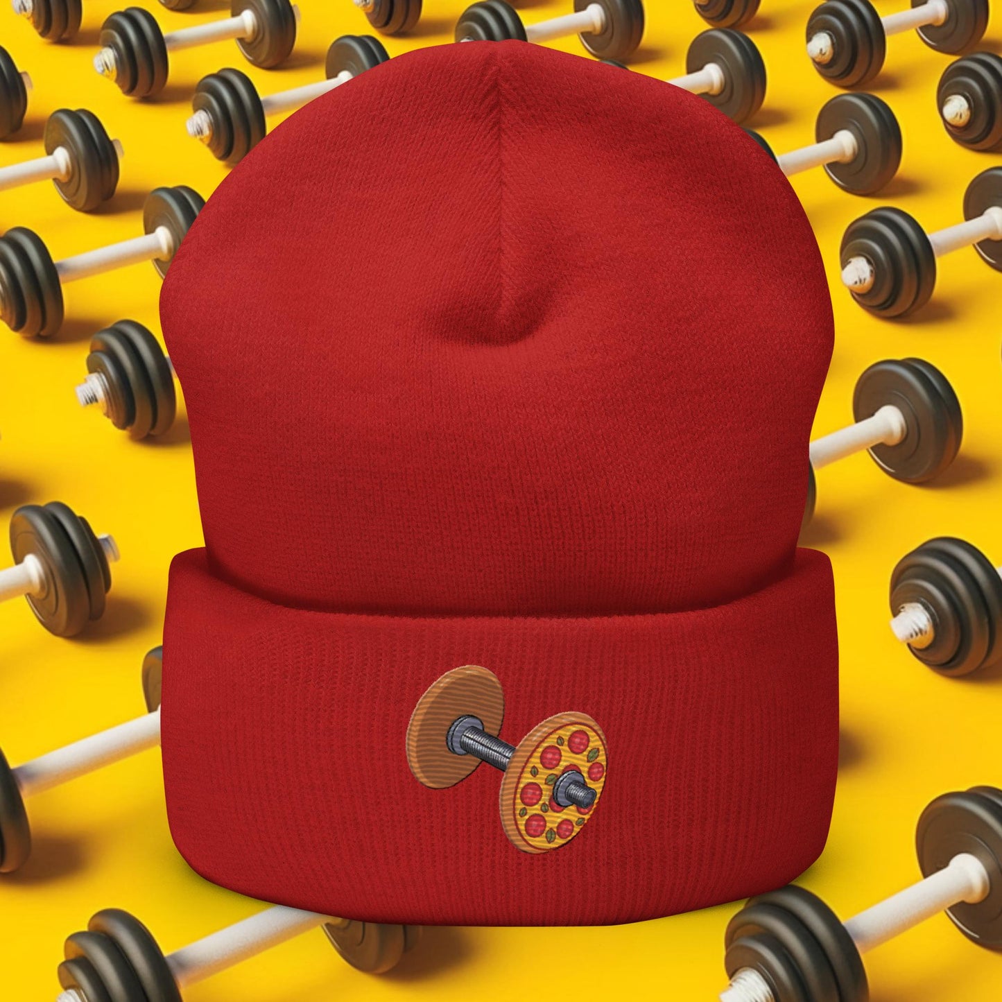 Pizza Dumbbell Barbell Funny Bulk Diet Gym Workout Fitness Weight Lifting Bodybuilding Cuffed Beanie Red Hats Bulking Fast Food Pizza Next Cult Brand