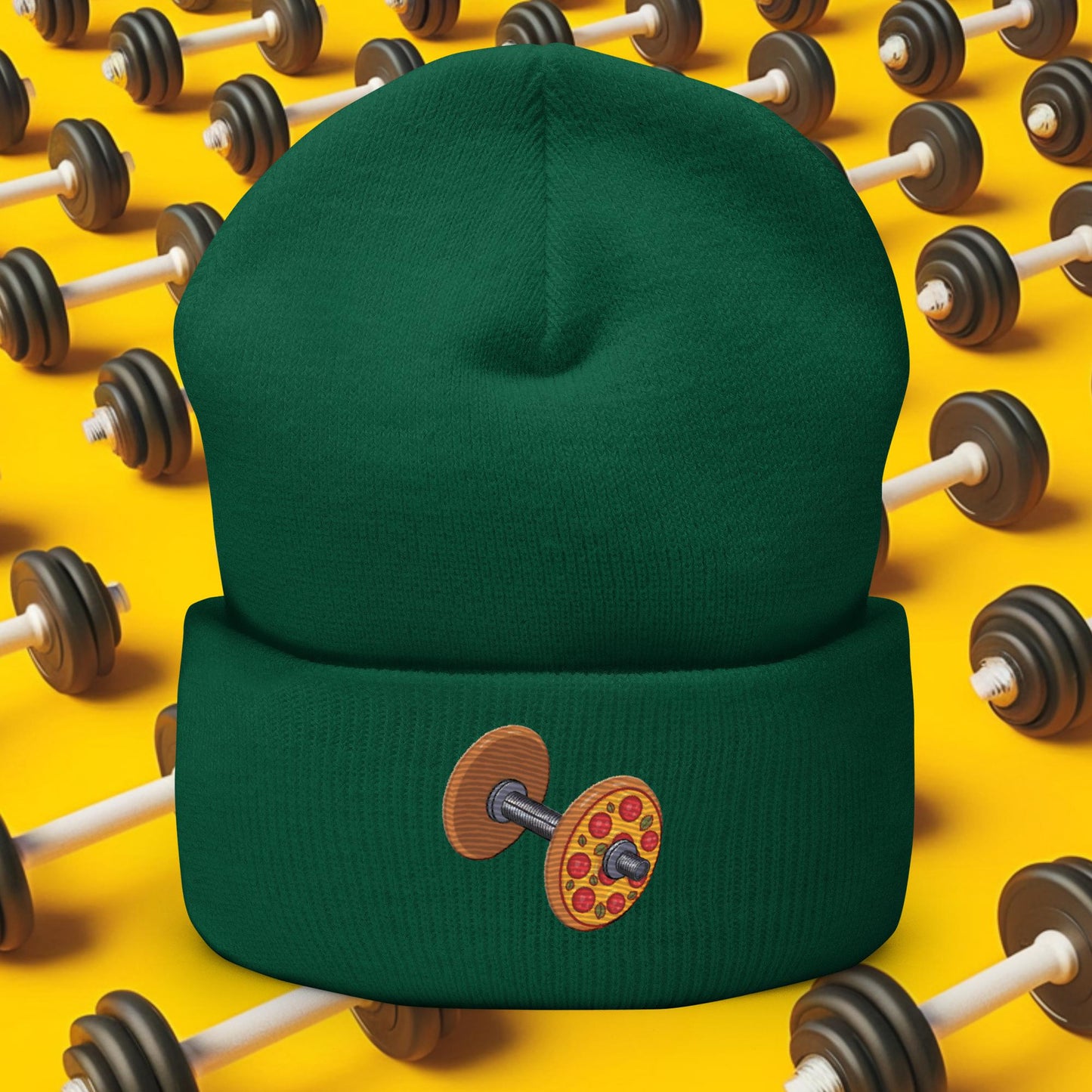 Pizza Dumbbell Barbell Funny Bulk Diet Gym Workout Fitness Weight Lifting Bodybuilding Cuffed Beanie Spruce Hats Bodybuilding Bulking Fast Food Fitness Gym Pizza Workout Next Cult Brand