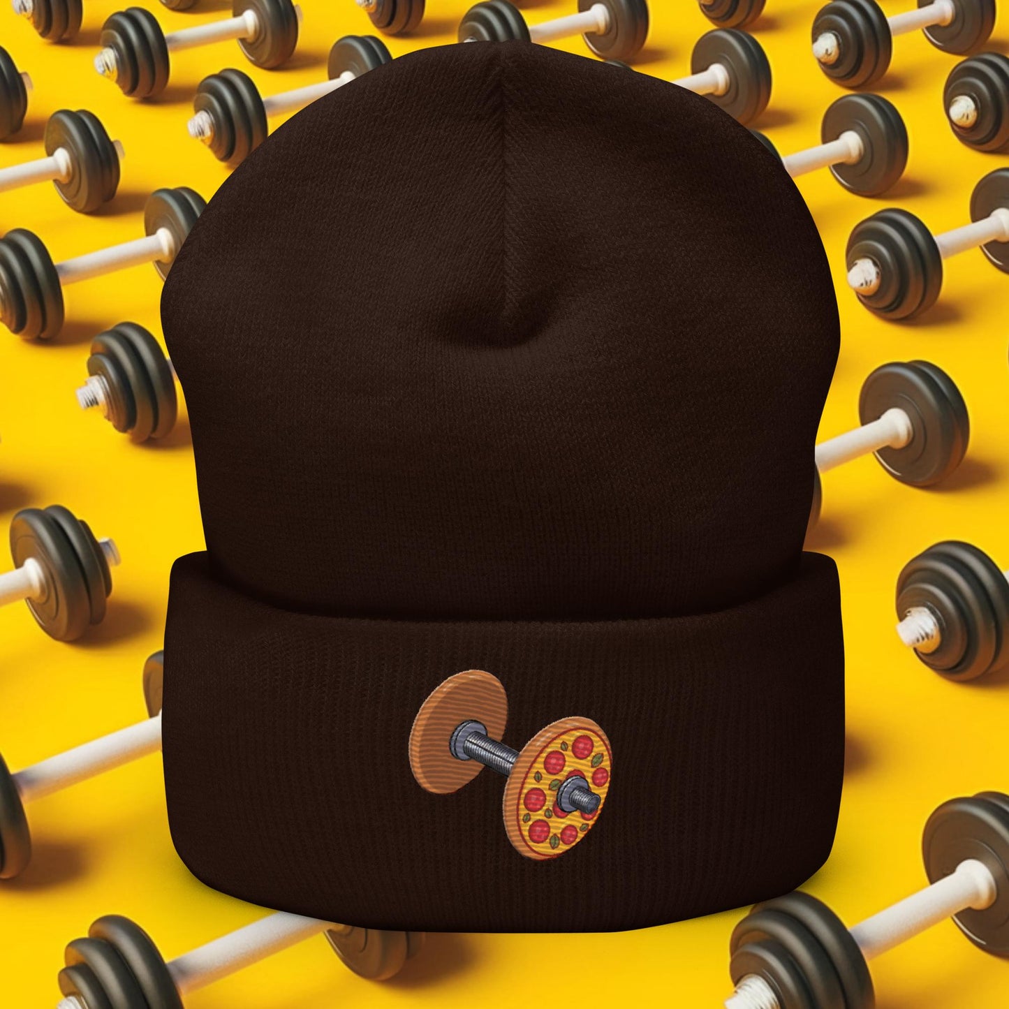 Pizza Dumbbell Barbell Funny Bulk Diet Gym Workout Fitness Weight Lifting Bodybuilding Cuffed Beanie Brown Hats Bulking Fast Food Pizza Next Cult Brand