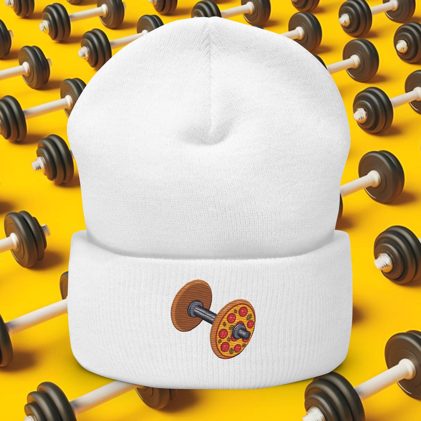 Pizza Dumbbell Barbell Funny Bulk Diet Gym Workout Fitness Weight Lifting Bodybuilding Cuffed Beanie White Hats Bodybuilding Bulking Fast Food Fitness Gym Pizza Workout Next Cult Brand