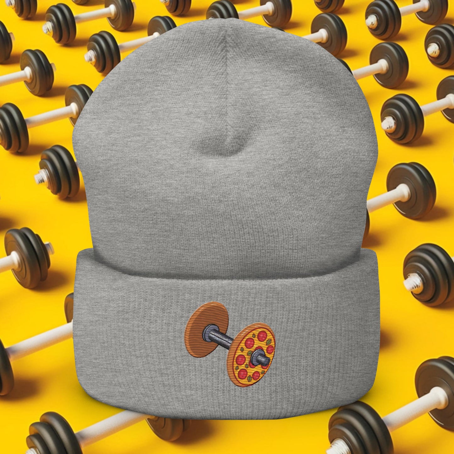 Pizza Dumbbell Barbell Funny Bulk Diet Gym Workout Fitness Weight Lifting Bodybuilding Cuffed Beanie Heather Grey Hats Bodybuilding Bulking Fast Food Fitness Gym Pizza Workout Next Cult Brand