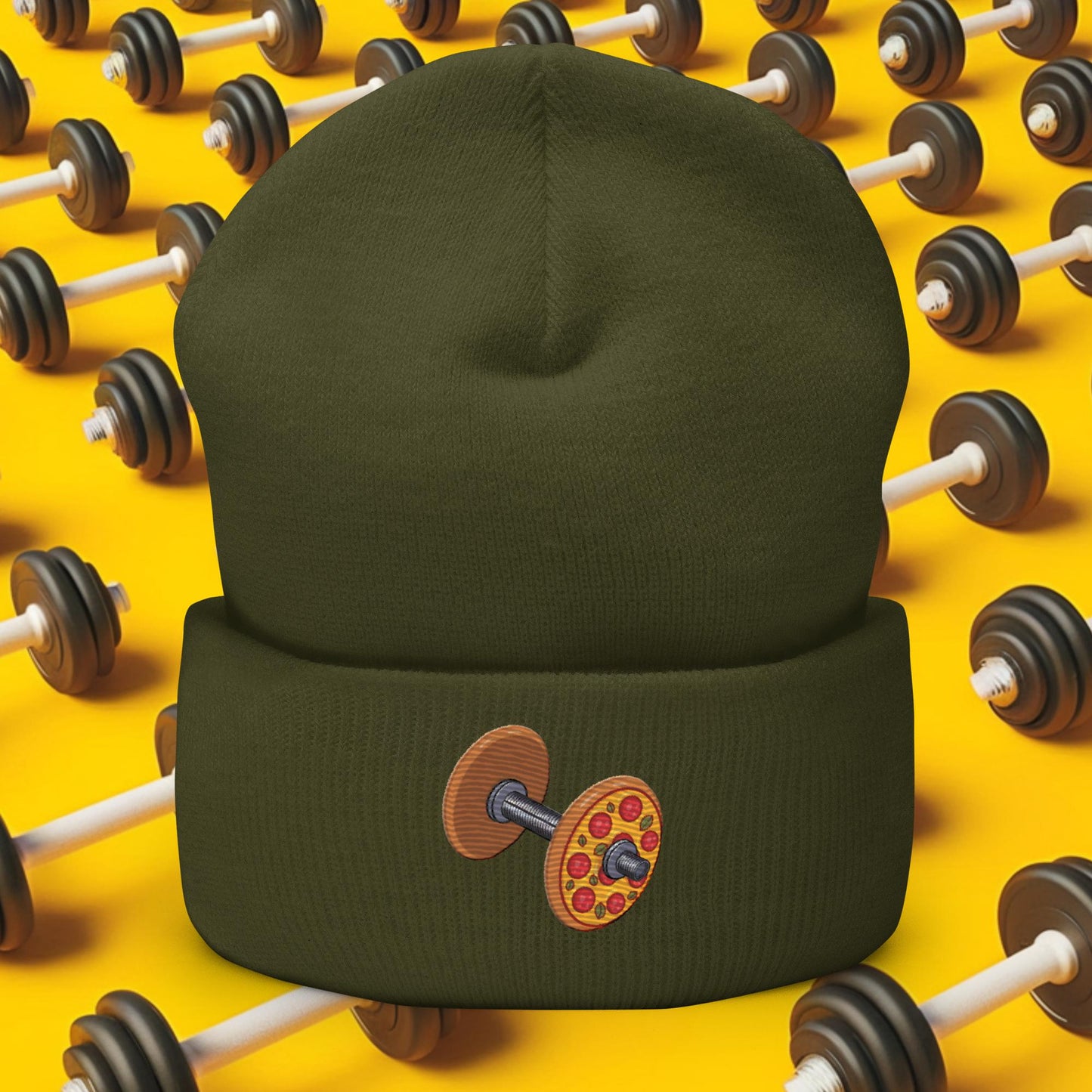 Pizza Dumbbell Barbell Funny Bulk Diet Gym Workout Fitness Weight Lifting Bodybuilding Cuffed Beanie Olive Hats Bodybuilding Bulking Fast Food Fitness Gym Pizza Workout Next Cult Brand