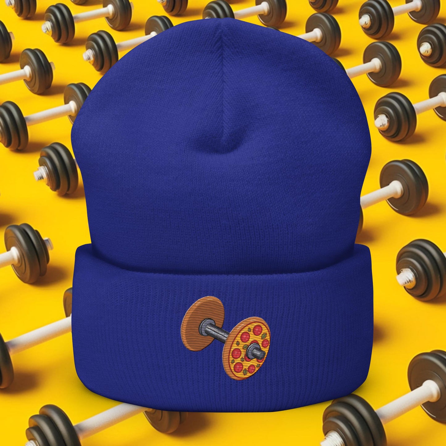 Pizza Dumbbell Barbell Funny Bulk Diet Gym Workout Fitness Weight Lifting Bodybuilding Cuffed Beanie Royal Hats Bodybuilding Bulking Fast Food Fitness Gym Pizza Workout Next Cult Brand