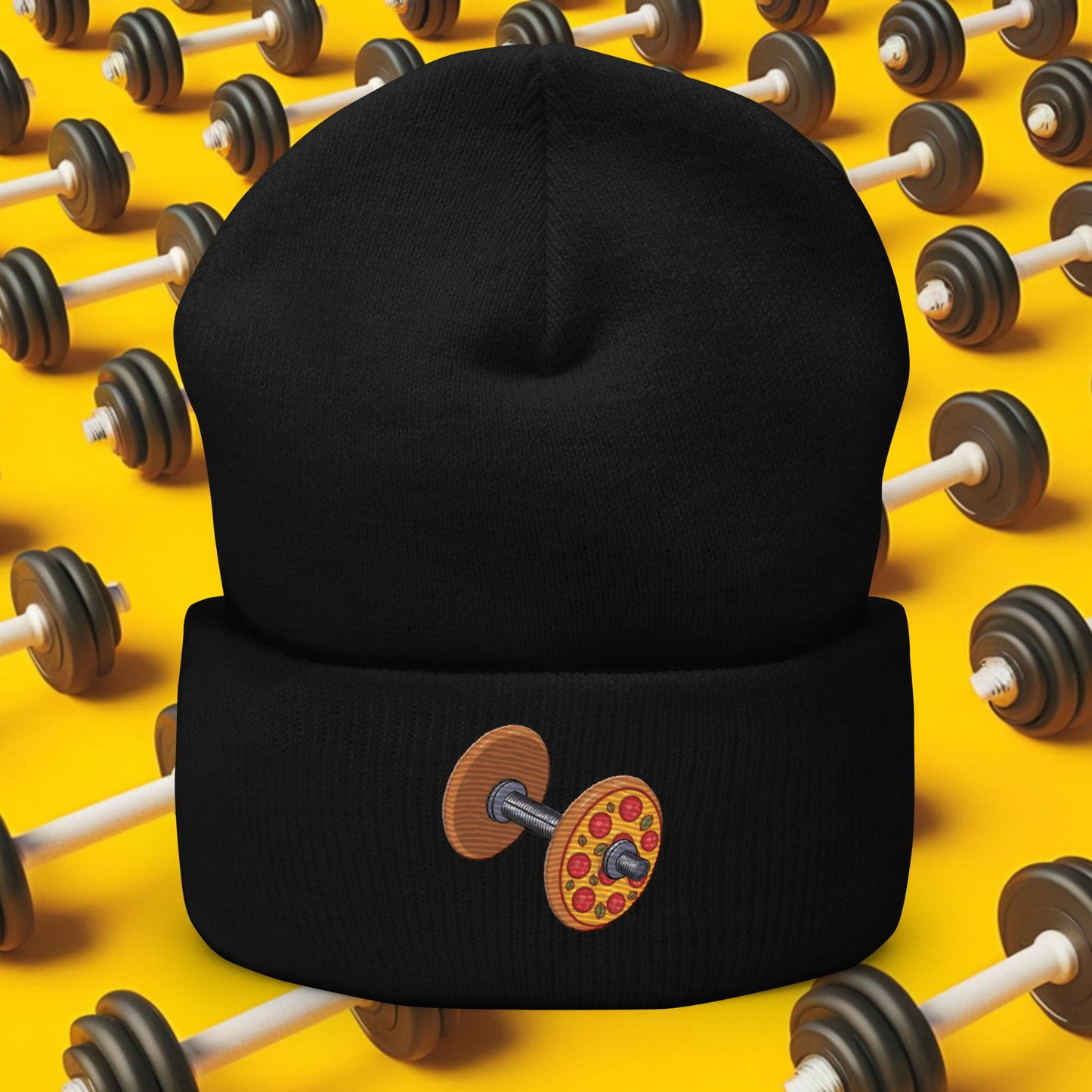 Pizza Dumbbell Barbell Funny Bulk Diet Gym Workout Fitness Weight Lifting Bodybuilding Cuffed Beanie Black Hats Bodybuilding Bulking Fast Food Fitness Gym Pizza Workout Next Cult Brand