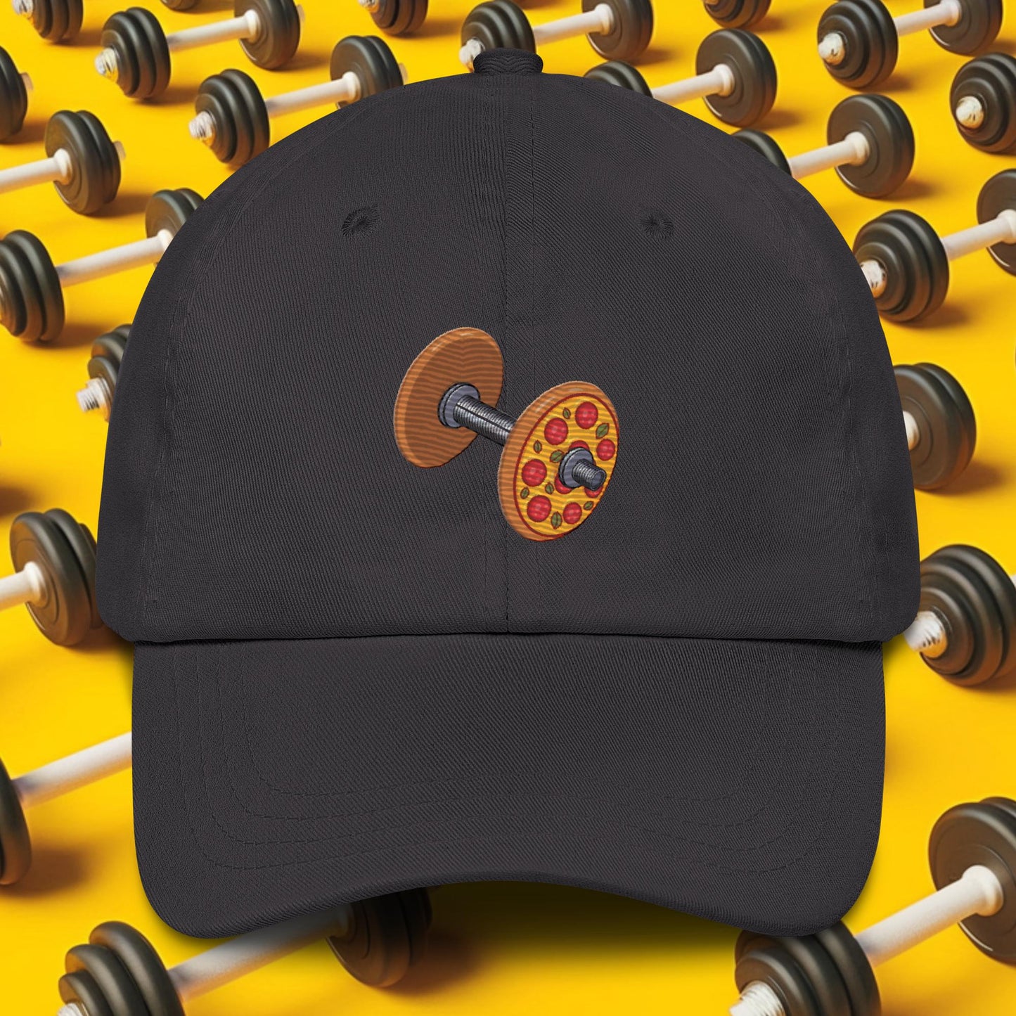 Pizza Dumbbell Barbell Funny Bulk Diet Gym Workout Fitness Weight Lifting Bodybuilding Dad hat Dark Grey Hats Bodybuilding Bulking Fast Food Fitness Gym Pizza Workout Next Cult Brand