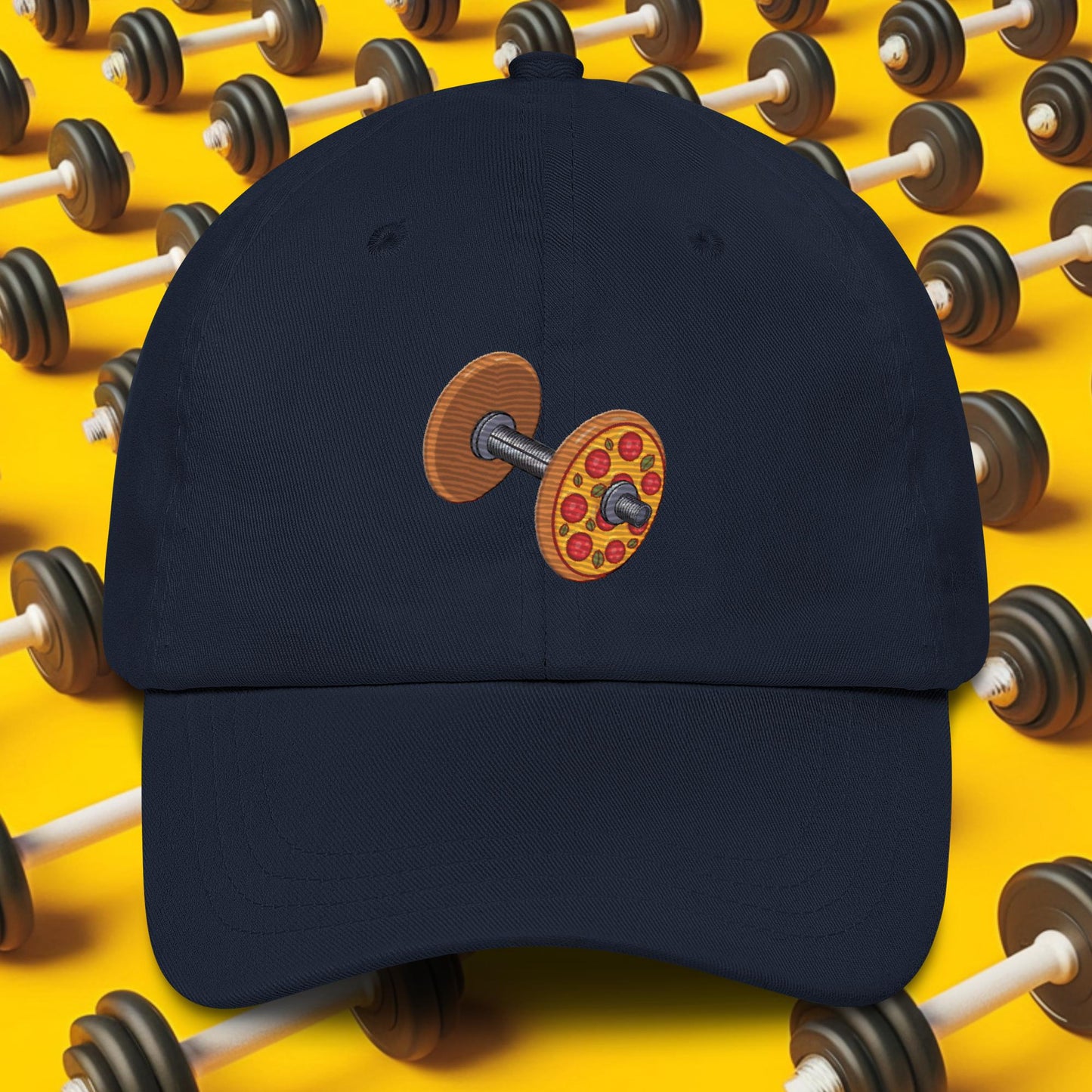 Pizza Dumbbell Barbell Funny Bulk Diet Gym Workout Fitness Weight Lifting Bodybuilding Dad hat Navy Hats Bulking Fast Food Pizza Next Cult Brand