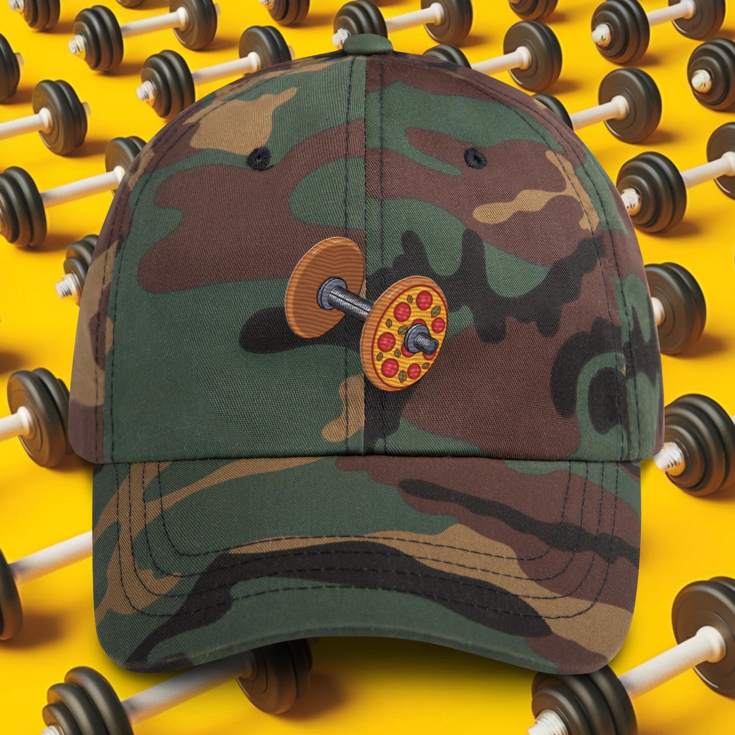 Pizza Dumbbell Barbell Funny Bulk Diet Gym Workout Fitness Weight Lifting Bodybuilding Dad hat Green Camo Hats Bodybuilding Bulking Fast Food Fitness Gym Pizza Workout Next Cult Brand