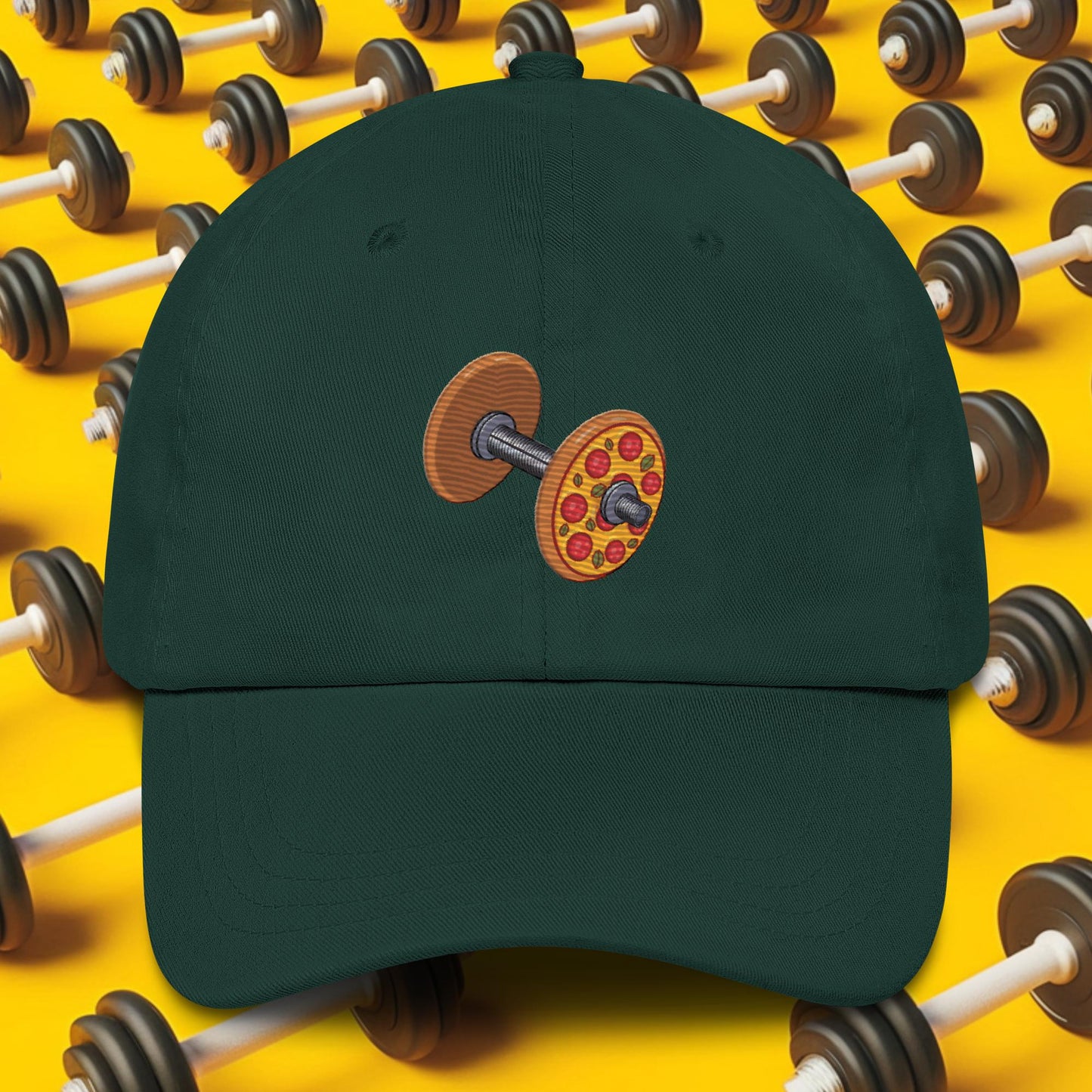 Pizza Dumbbell Barbell Funny Bulk Diet Gym Workout Fitness Weight Lifting Bodybuilding Dad hat Spruce Hats Bodybuilding Bulking Fast Food Fitness Gym Pizza Workout Next Cult Brand