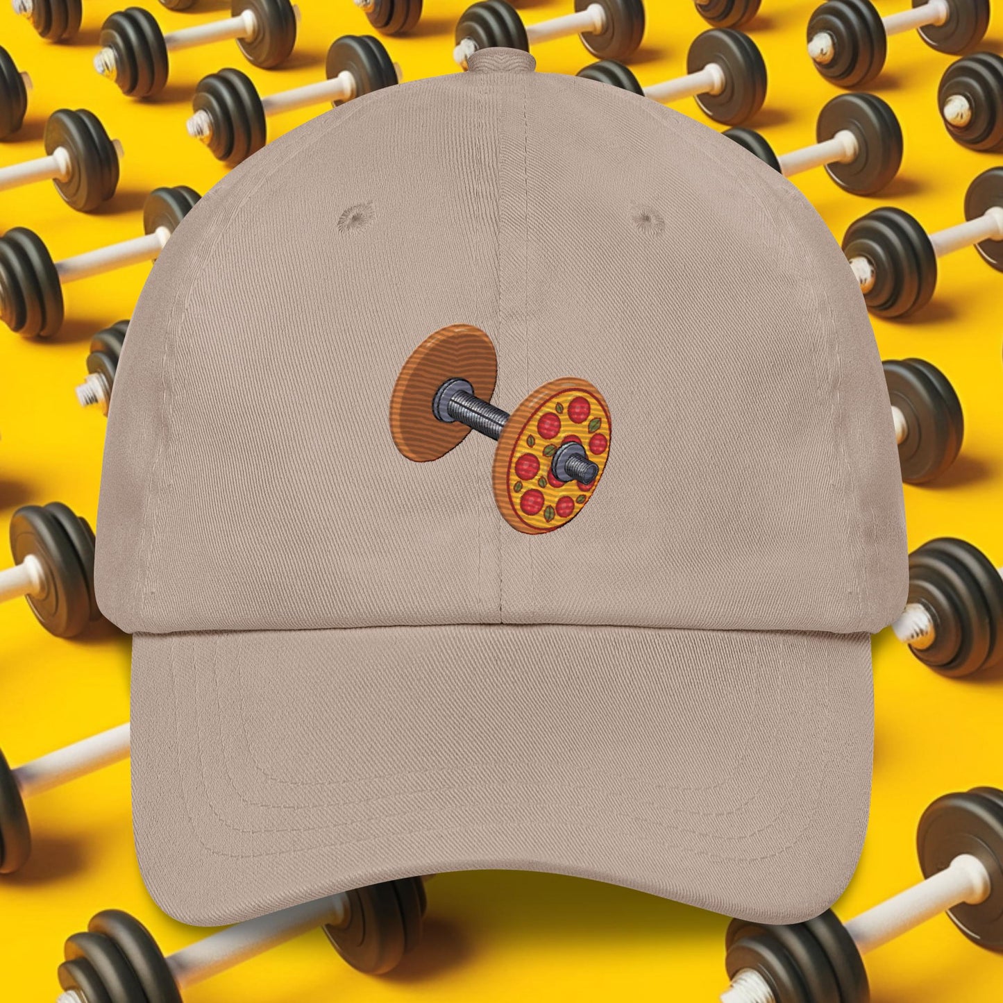 Pizza Dumbbell Barbell Funny Bulk Diet Gym Workout Fitness Weight Lifting Bodybuilding Dad hat Stone Hats Bulking Fast Food Pizza Next Cult Brand