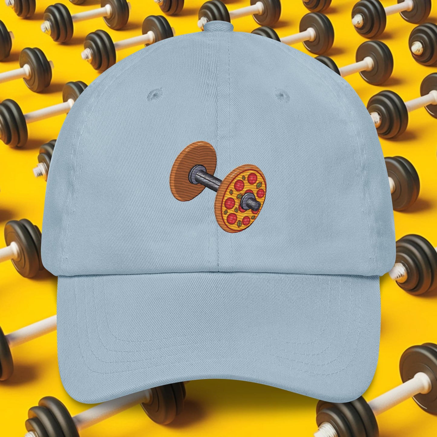 Pizza Dumbbell Barbell Funny Bulk Diet Gym Workout Fitness Weight Lifting Bodybuilding Dad hat Light Blue Hats Bodybuilding Bulking Fast Food Fitness Gym Pizza Workout Next Cult Brand