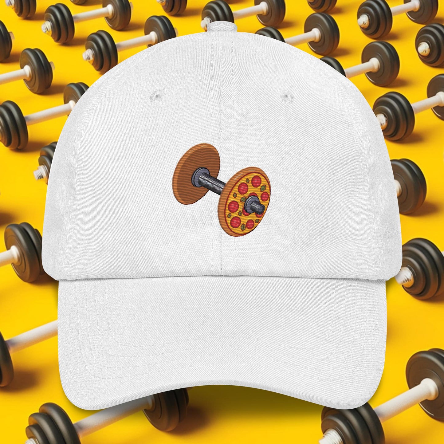 Pizza Dumbbell Barbell Funny Bulk Diet Gym Workout Fitness Weight Lifting Bodybuilding Dad hat White Hats Bodybuilding Bulking Fast Food Fitness Gym Pizza Workout Next Cult Brand