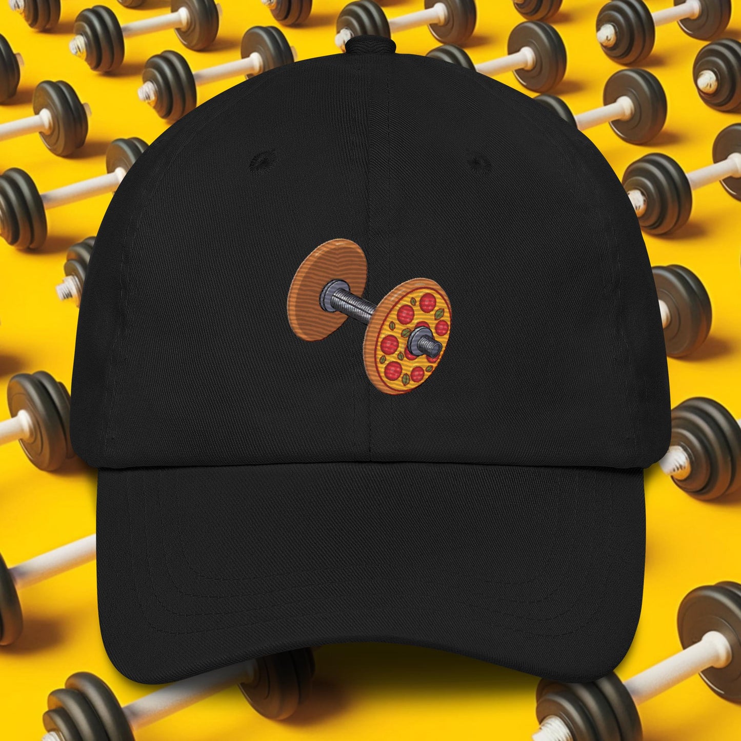 Pizza Dumbbell Barbell Funny Bulk Diet Gym Workout Fitness Weight Lifting Bodybuilding Dad hat Black Hats Bodybuilding Bulking Fast Food Fitness Gym Pizza Workout Next Cult Brand
