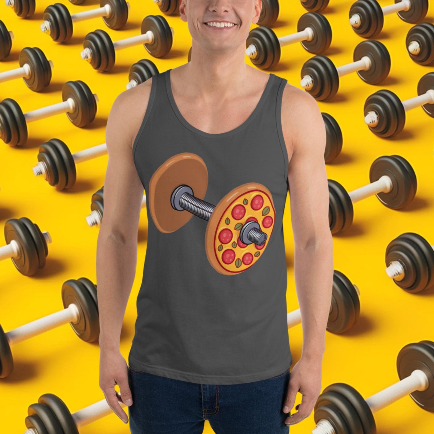 Pizza Dumbbell Barbell Funny Bulk Diet Gym Workout Fitness Weight Lifting Bodybuilding Tank Top Asphalt Tank Tops Bodybuilding Bulking Fast Food Fitness Gym Pizza Workout Next Cult Brand