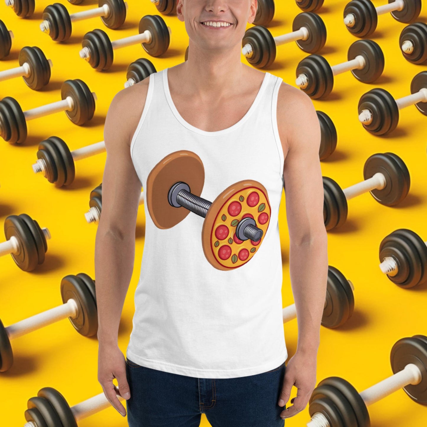 Pizza Dumbbell Barbell Funny Bulk Diet Gym Workout Fitness Weight Lifting Bodybuilding Tank Top White Tank Tops Bodybuilding Bulking Fast Food Fitness Gym Pizza Workout Next Cult Brand