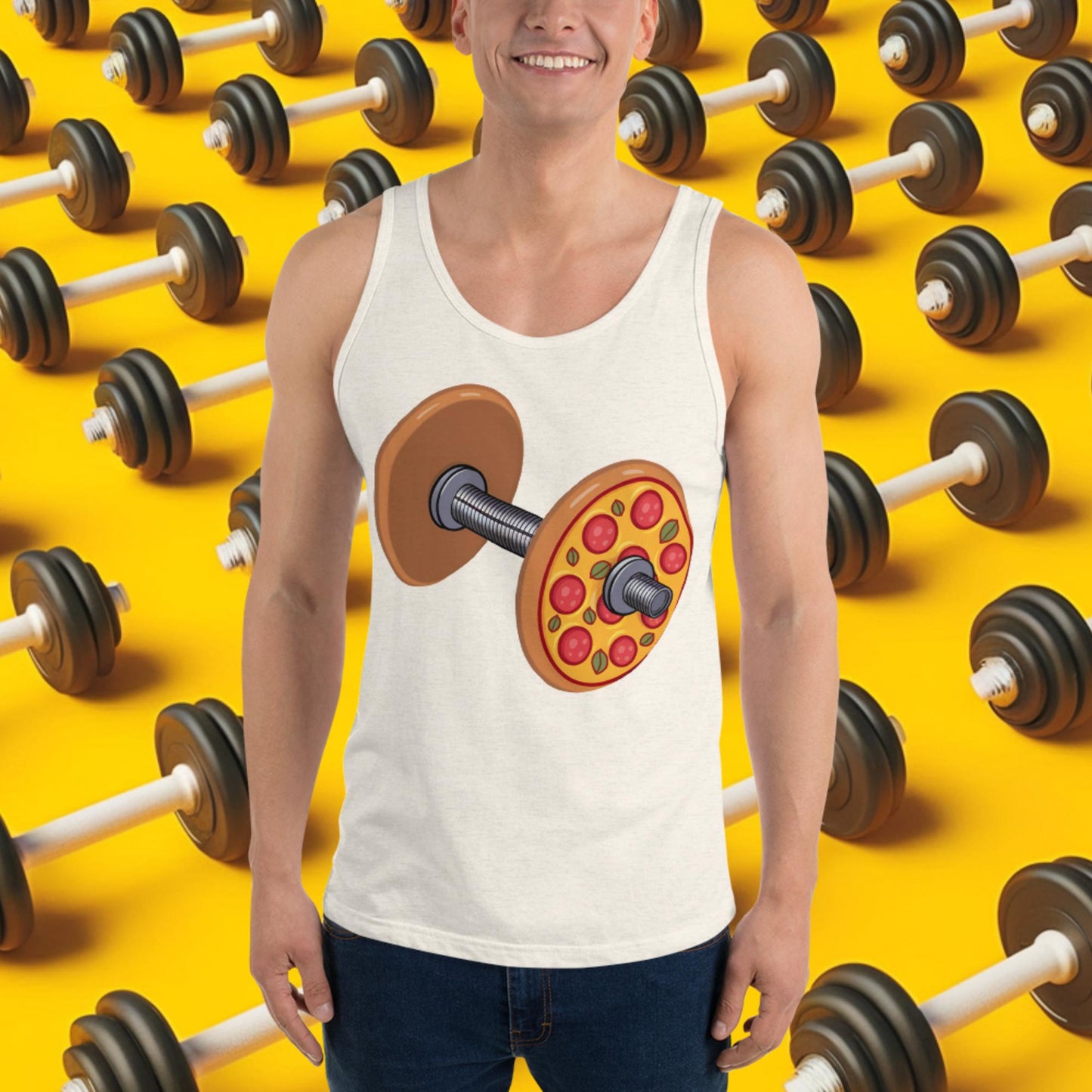 Pizza Dumbbell Barbell Funny Bulk Diet Gym Workout Fitness Weight Lifting Bodybuilding Tank Top Oatmeal Triblend Tank Tops Bodybuilding Bulking Fast Food Fitness Gym Pizza Workout Next Cult Brand