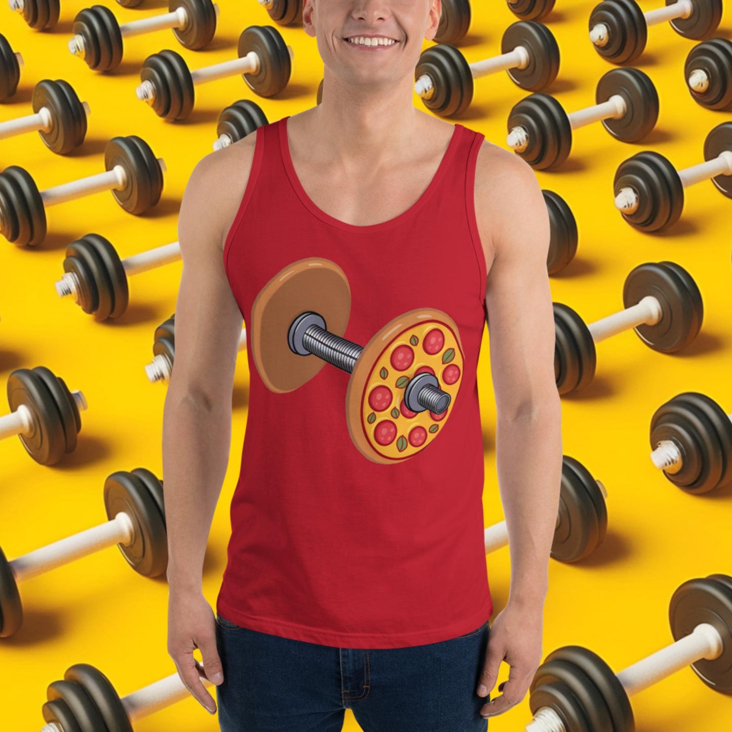 Pizza Dumbbell Barbell Funny Bulk Diet Gym Workout Fitness Weight Lifting Bodybuilding Tank Top Red Tank Tops Bodybuilding Bulking Fast Food Fitness Gym Pizza Workout Next Cult Brand