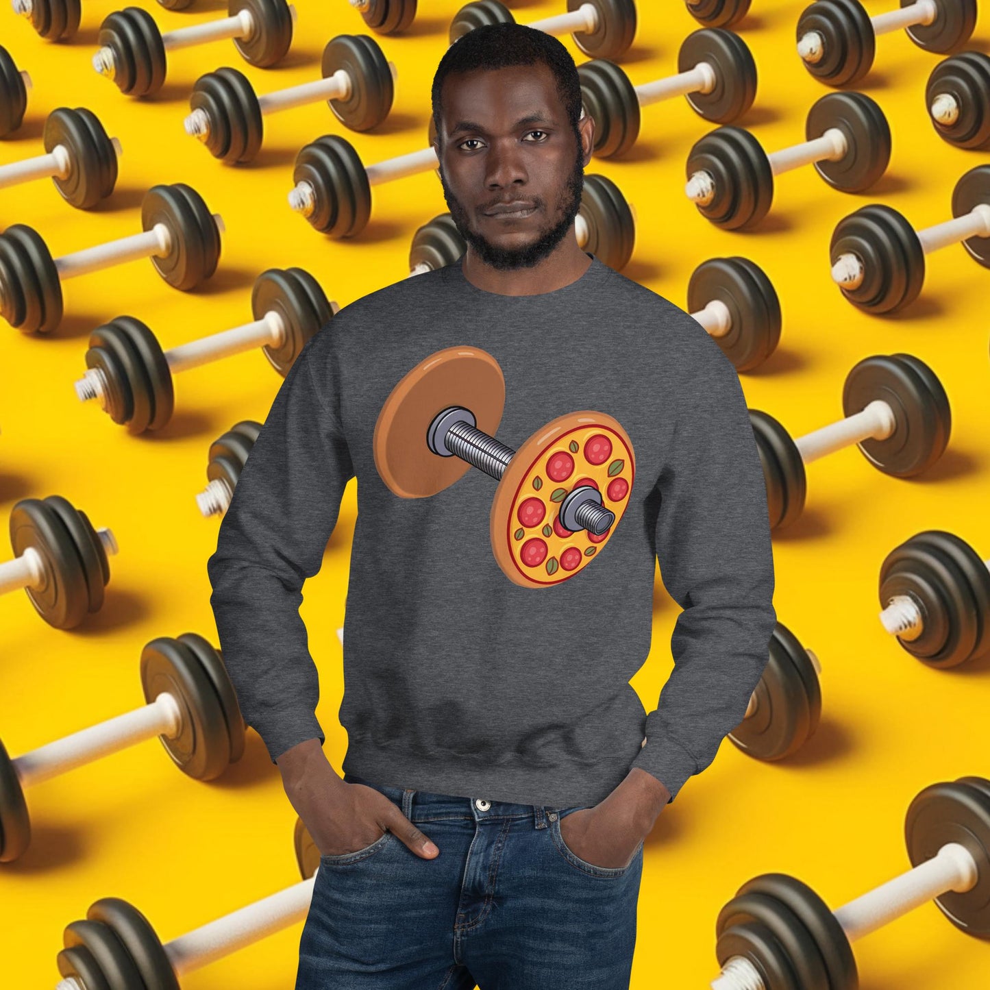 Pizza Dumbbell Barbell Funny Bulk Diet Gym Workout Fitness Weight Lifting Bodybuilding Unisex Sweatshirt Dark Heather Sweatshirts Bodybuilding Bulking Fast Food Fitness Gym Pizza Workout Next Cult Brand