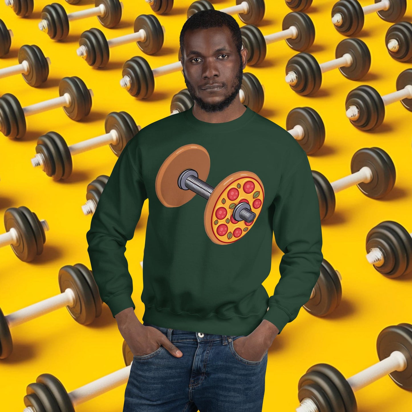 Pizza Dumbbell Barbell Funny Bulk Diet Gym Workout Fitness Weight Lifting Bodybuilding Unisex Sweatshirt Forest Green Sweatshirts Bodybuilding Bulking Fast Food Fitness Gym Pizza Workout Next Cult Brand