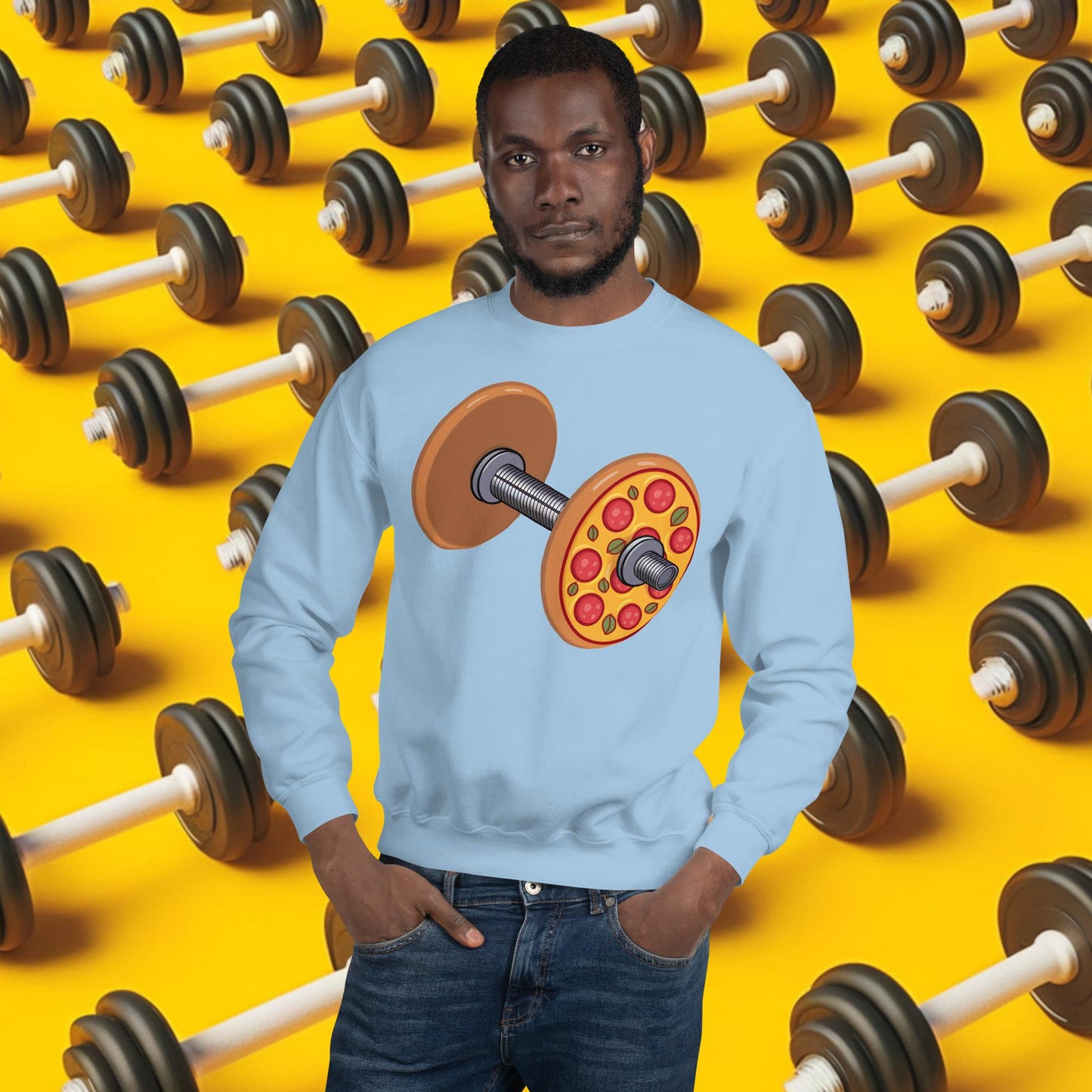 Pizza Dumbbell Barbell Funny Bulk Diet Gym Workout Fitness Weight Lifting Bodybuilding Unisex Sweatshirt Light Blue Sweatshirts Bodybuilding Bulking Fast Food Fitness Gym Pizza Workout Next Cult Brand