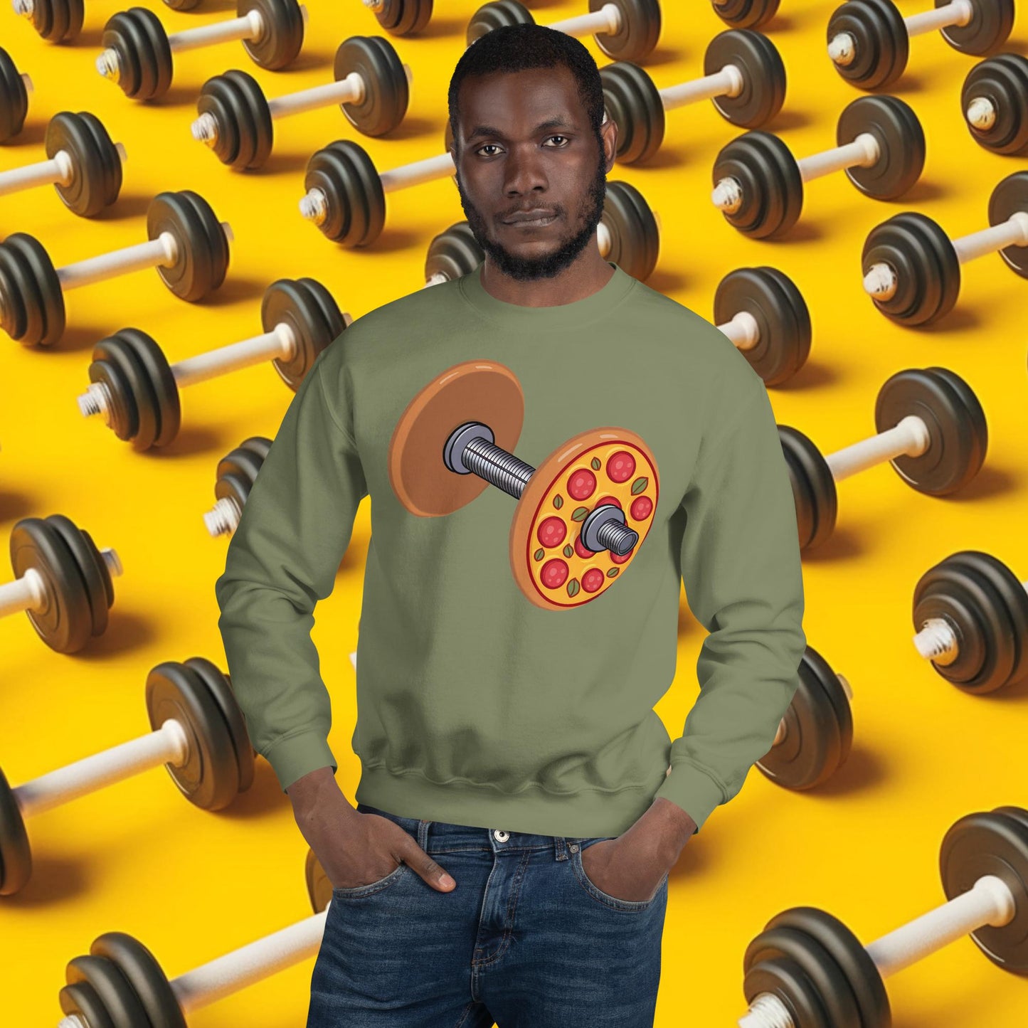 Pizza Dumbbell Barbell Funny Bulk Diet Gym Workout Fitness Weight Lifting Bodybuilding Unisex Sweatshirt Military Green Sweatshirts Bodybuilding Bulking Fast Food Fitness Gym Pizza Workout Next Cult Brand