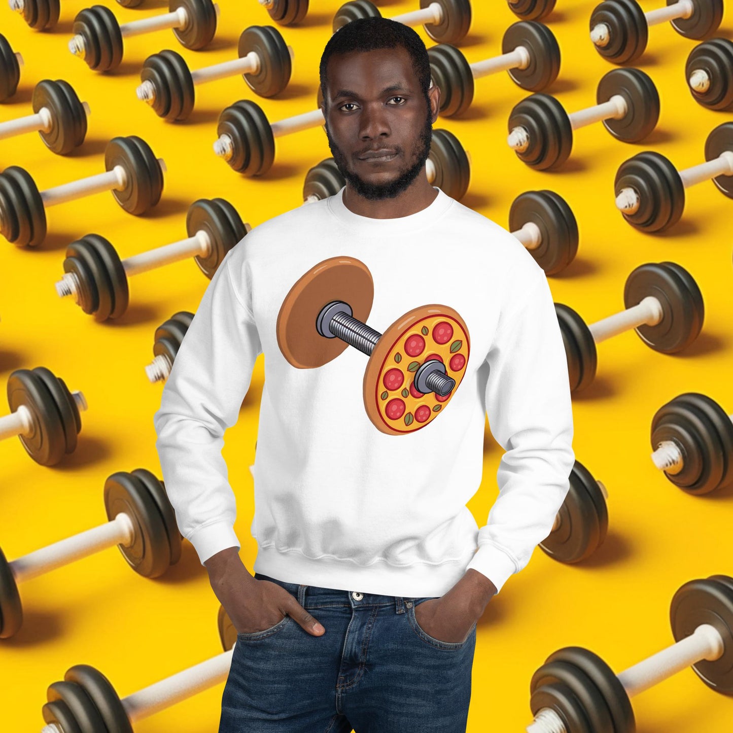 Pizza Dumbbell Barbell Funny Bulk Diet Gym Workout Fitness Weight Lifting Bodybuilding Unisex Sweatshirt White Sweatshirts Bodybuilding Bulking Fast Food Fitness Gym Pizza Workout Next Cult Brand
