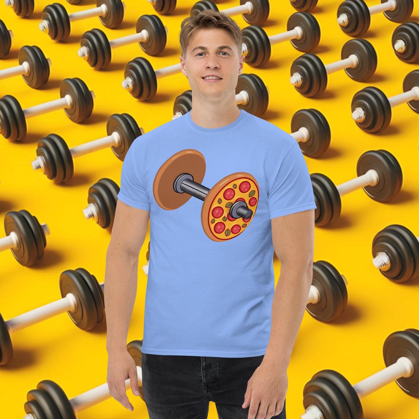 Pizza Dumbbell Barbell Funny Bulk Diet Gym Workout Fitness Weight Lifting Bodybuilding tee Carolina Blue T-shirts Bodybuilding Bulking Fast Food Fitness Gym Pizza Pump Cover Workout Next Cult Brand