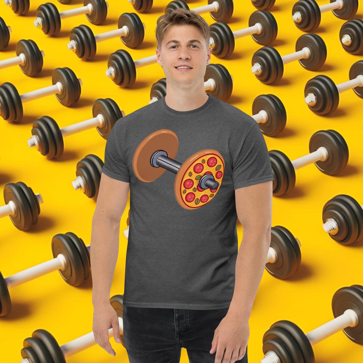 Pizza Dumbbell Barbell Funny Bulk Diet Gym Workout Fitness Weight Lifting Bodybuilding tee Dark Heather T-shirts Bodybuilding Bulking Fast Food Fitness Gym Pizza Pump Cover Workout Next Cult Brand