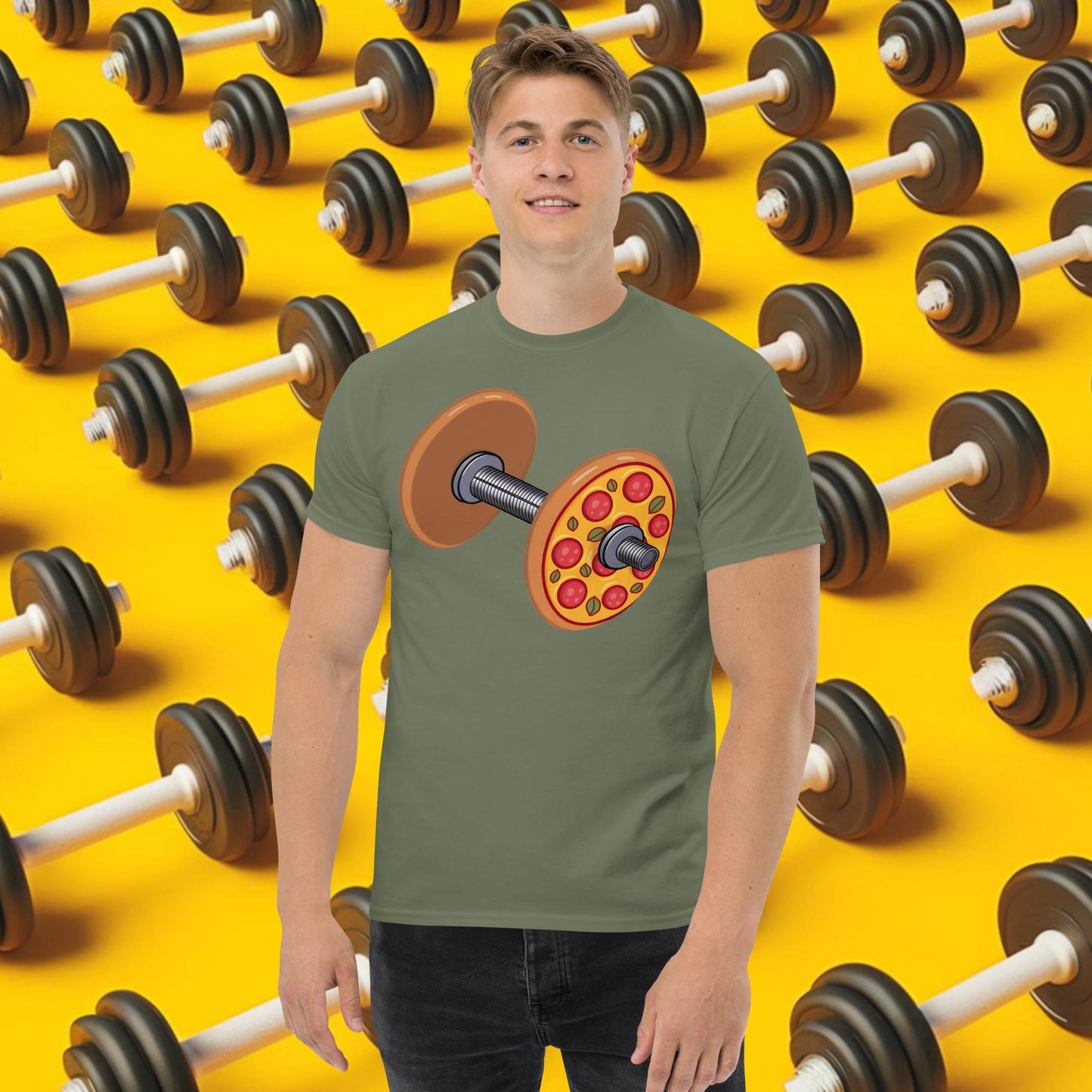 Pizza Dumbbell Barbell Funny Bulk Diet Gym Workout Fitness Weight Lifting Bodybuilding tee Military Green T-shirts Bodybuilding Bulking Fast Food Fitness Gym Pizza Pump Cover Workout Next Cult Brand