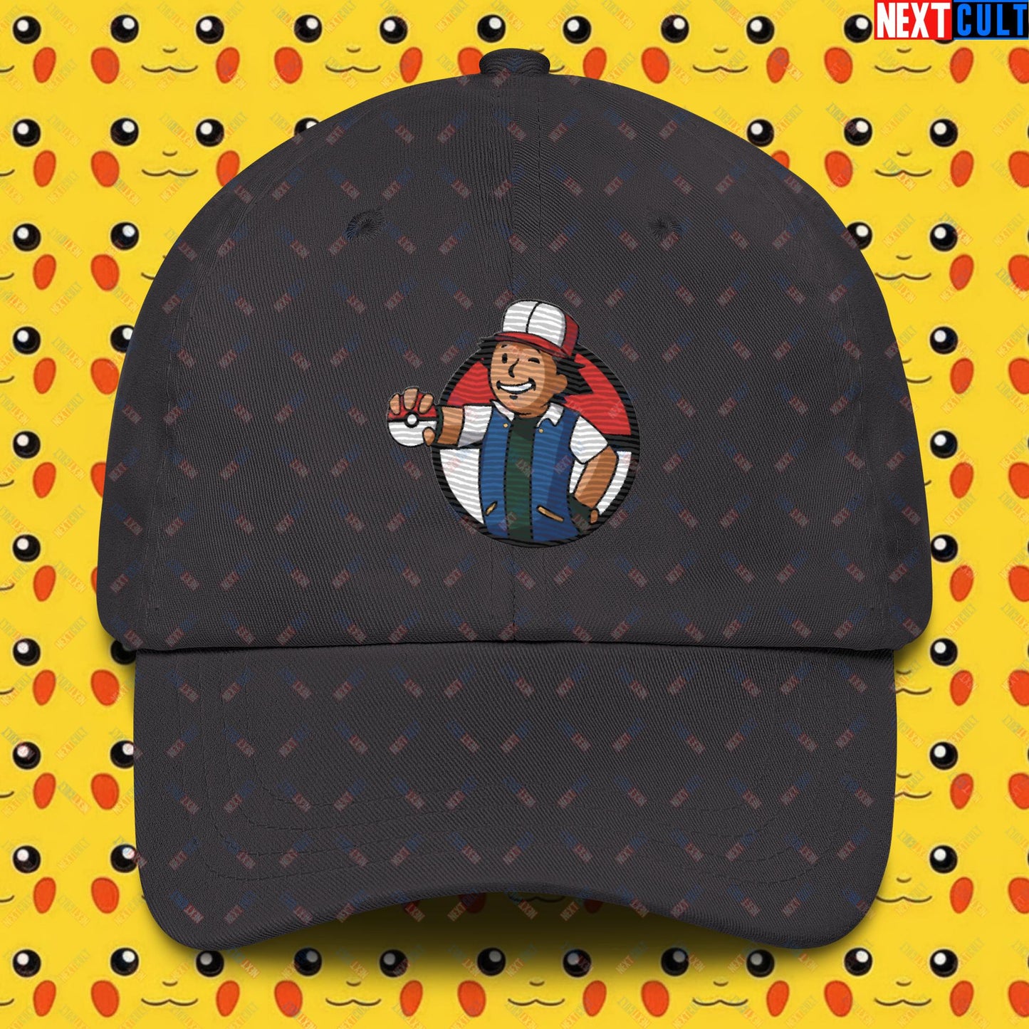 Pokemon Vault Boy Fallout Funny Meme Cartoon Mashup Dad hat Dark Grey Hats Fallout Pokemon TV Shows Vault Boy Next Cult Brand