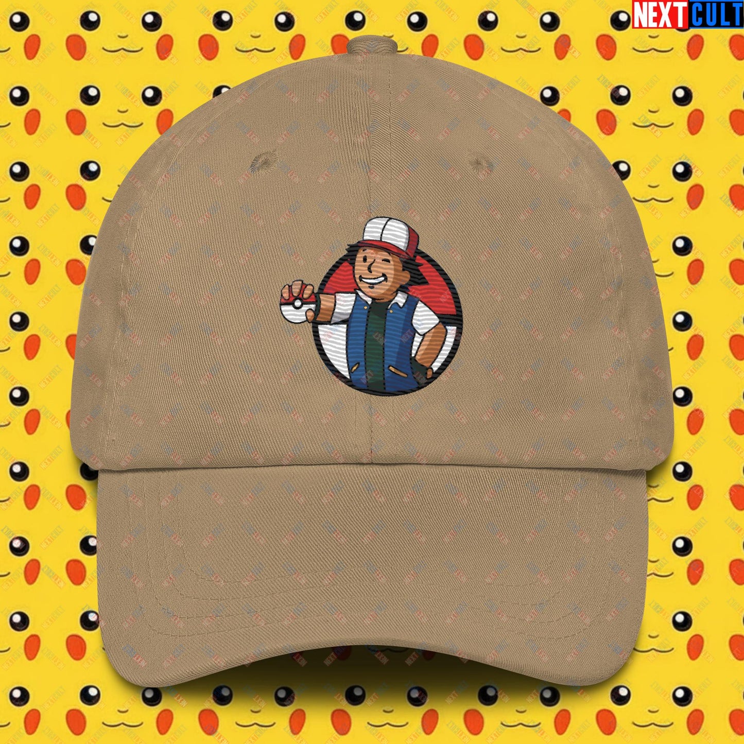 Pokemon Vault Boy Fallout Funny Meme Cartoon Mashup Dad hat Khaki Hats Fallout Pokemon TV Shows Vault Boy Next Cult Brand